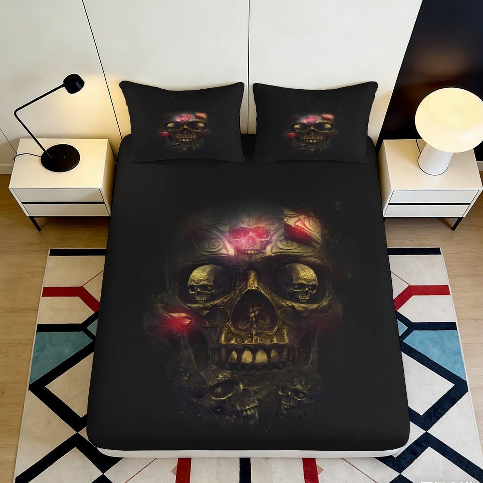 3D Printed Skull Rose Fitted Sheet Microfiber Elastic Hem Non-Slip Deep Pocket Bedroom Mattress Fitted Cover 140x200x25cm