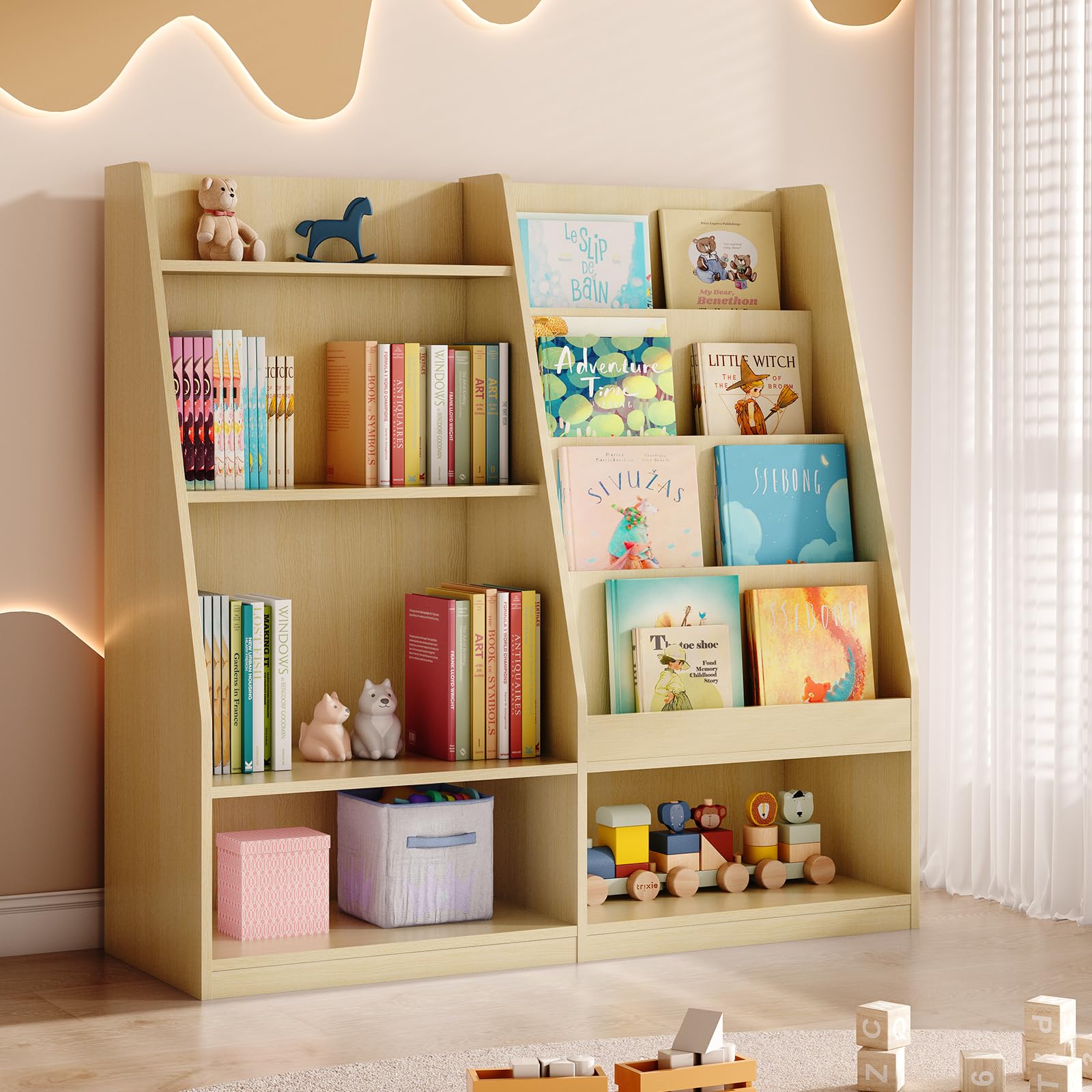 Tatub 4 Tier Kids Wood Bookshelf and Toy Storage for Nursery, Natural Wood