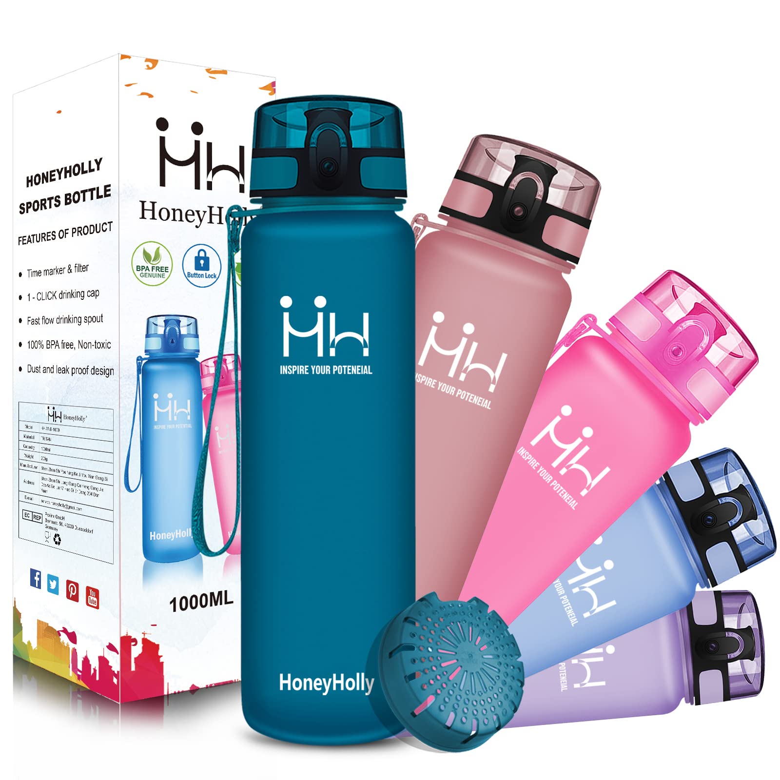 Buy HoneyHolly Sports Water Bottle 1000ML Filter Water Bottle, BPA