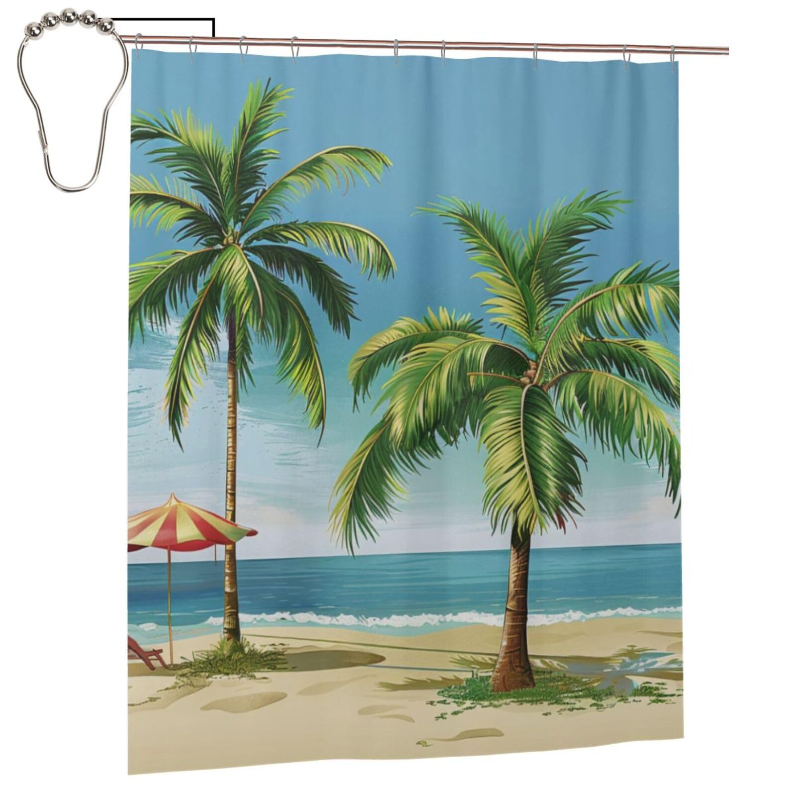 BWWHCCTI Tropical Palm Tree Printed Shower Curtain With 12 Iron Hooks Opaque Quick Drying Waterproof Shower Curtains Sets For Bathroom 152x183 Cm