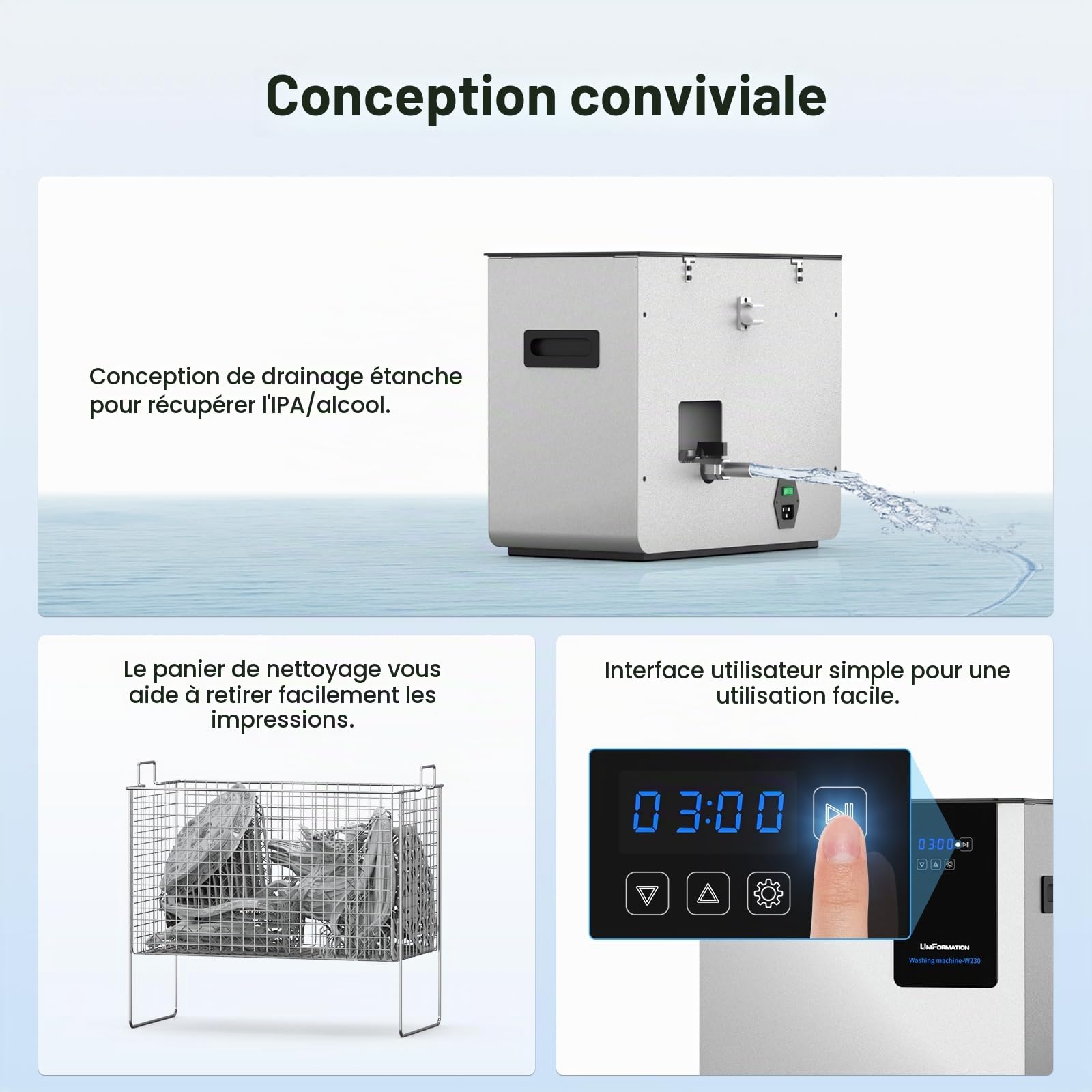 Uniformation Nettoyeur à ultrasons 7L W230, modèle de résine 3D de Nettoyage Uniforme, écran Tactile Intelligent Compatible avec Les imprimantes 3D GKTWO, Taille de Lavage : 228 x 128 x H200