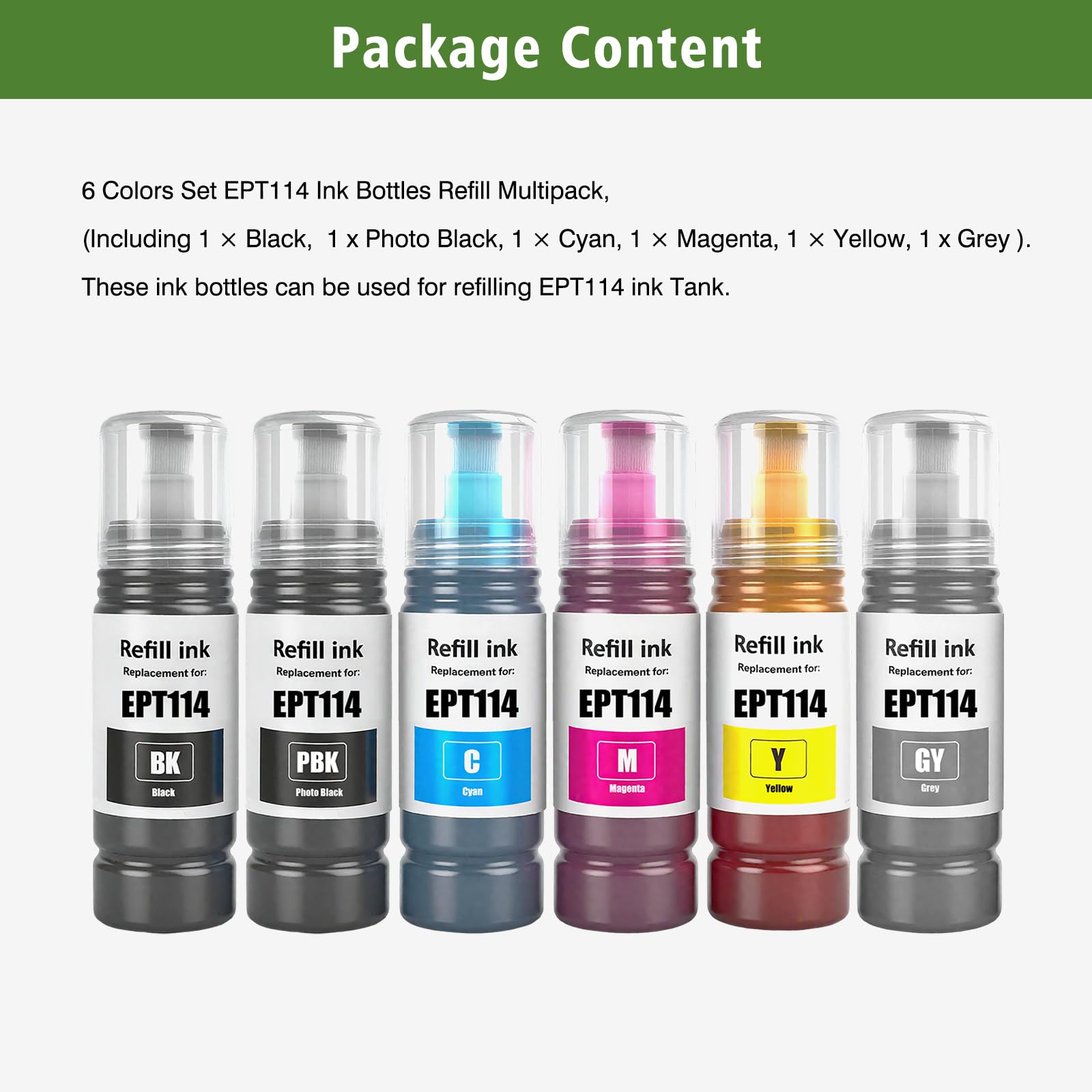 GREENPRINT Set de 6 Couleurs Bouteilles d'encre EPT114 Recharge Multipack Compatible pour ET-8500 ET-8550 Imprimante Ink Tank (Lot de 6, BK/PBK/C/M/Y/GY)