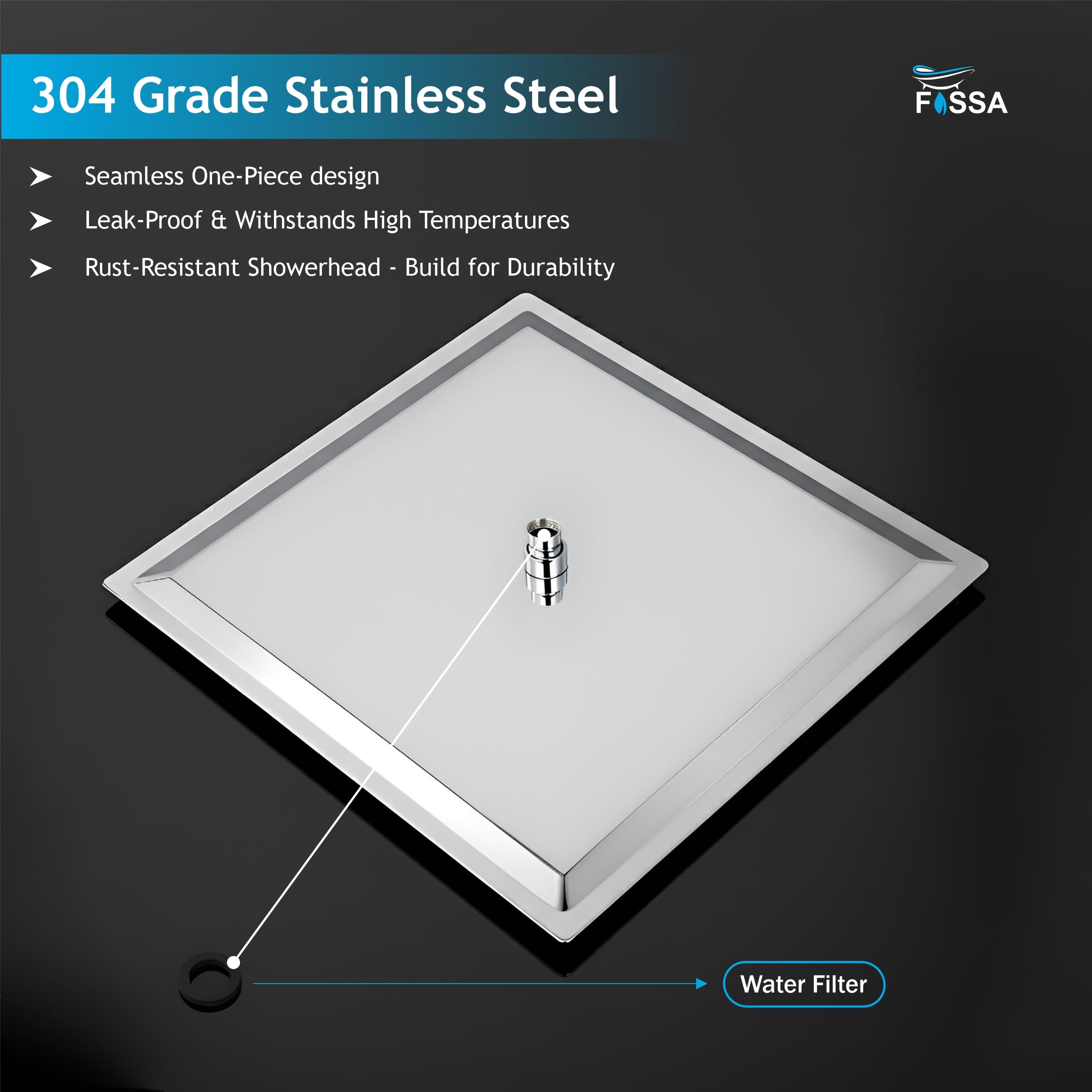 Fossa Ultra 12x12 Inch 1-Year Warranty Rain Shower Head, Square High Pressure Overhead Shower, 304 Stainless Steel, Luxury Bathroom Rainfall Shower, Chrome Finish (With Arm Set 24" Inch) 2
