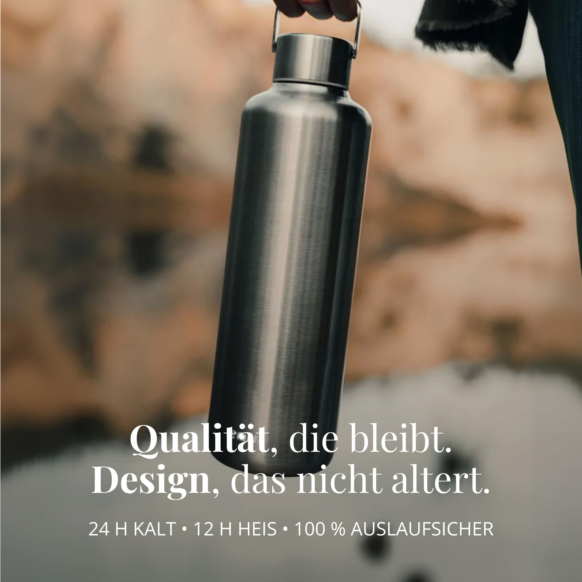 EQUA Timeless Isolierte Trinkflasche, doppelwandig, Edelstahl, 24 Stunden kalt oder bis zu 12 Stunden heiß, BPA-frei, auslaufsicher, haltbar, multifunktional (Steel, 1000ml)