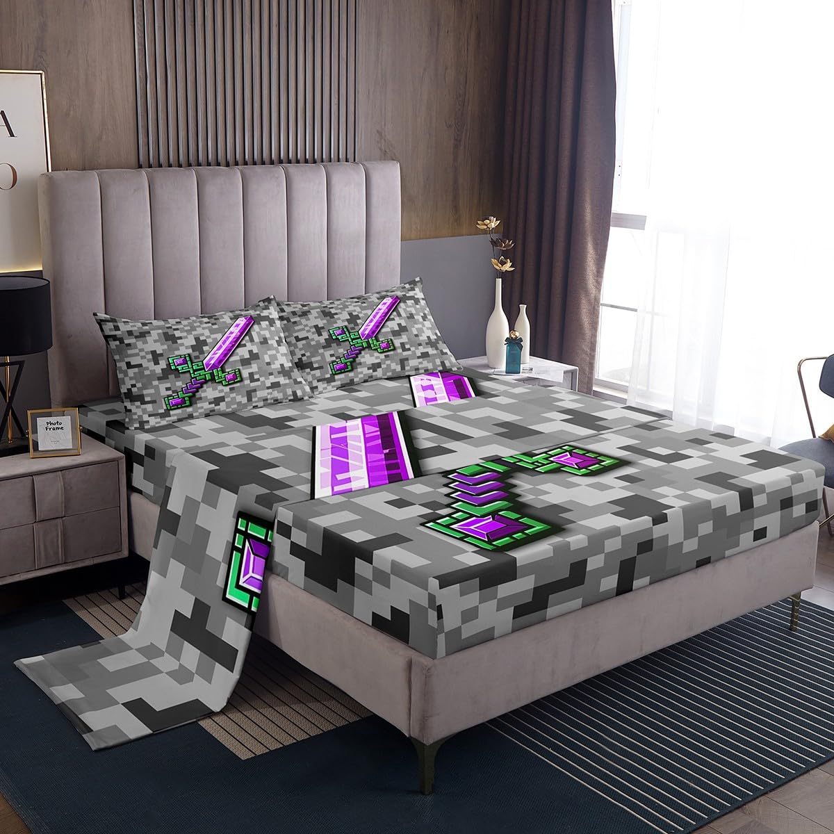 Castle Fairy Green Purple Sword Sheet Set Queen Size Miner Check Bed Sheets 4Pcs for Kids Teens Adults