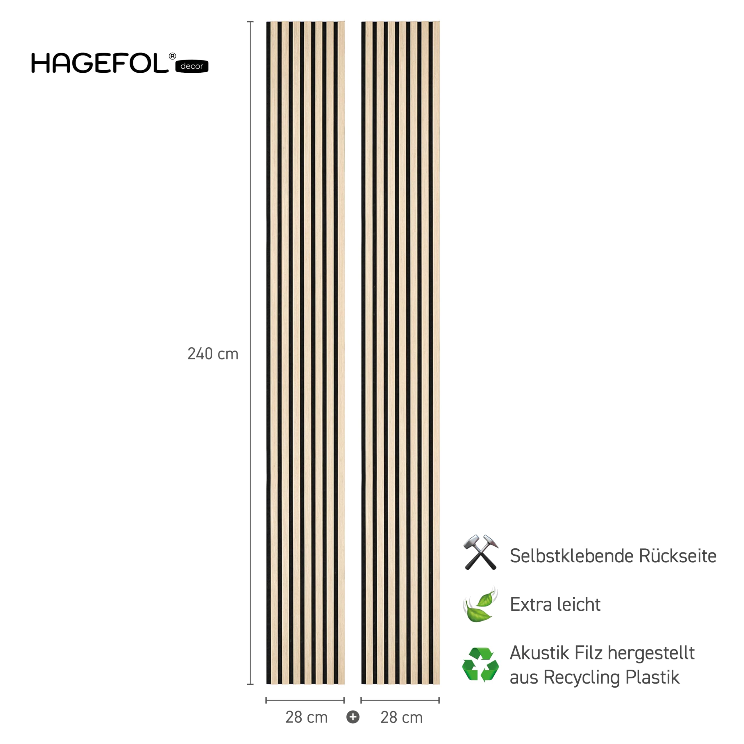 HAGEFOL Samoprzylepne panele akustyczne, 240 x 56 cm, kolor: dąb, panele ścienne o wyglądzie drewna, dekoracja ścienna, ściana lamelowa 3D, płyta wygłuszająca z forniru drewnianego na filcu