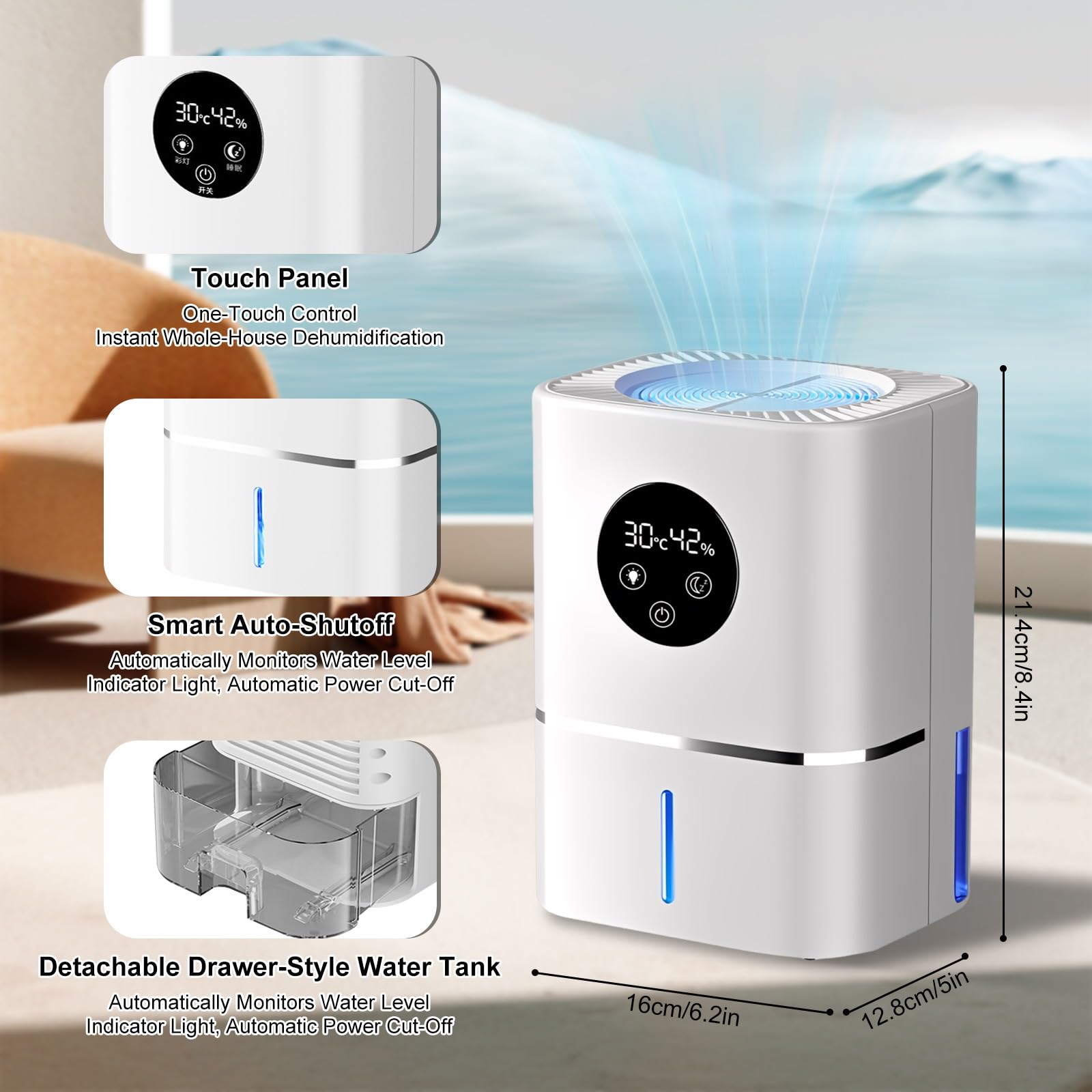 Deumidificatore, Deumidificatore Casa Silenzioso | Display LED Dell'umidimetro, Adatto per Spazi di Circa 5-30 m³Come Camere da Letto, Bagni e Ambienti Domestici