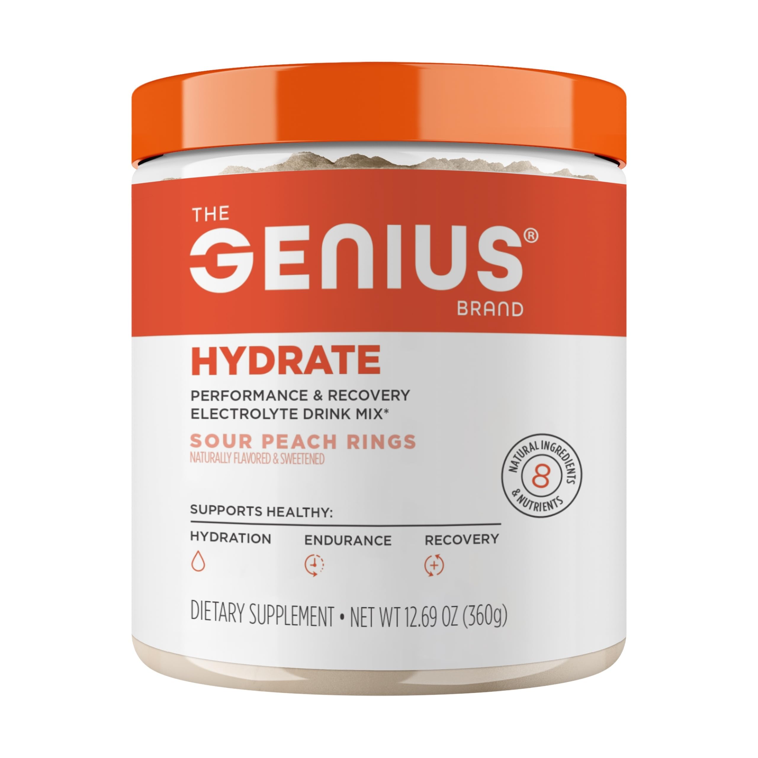 The Genius Brand Genius Hydrate - Electrolyte Supplement for Daily Hydration - Coconut Water - Sugar-Free - 8 Essential Minerals & Nutrients - Non-GMO - Sour Peach Rings - 50 Servings