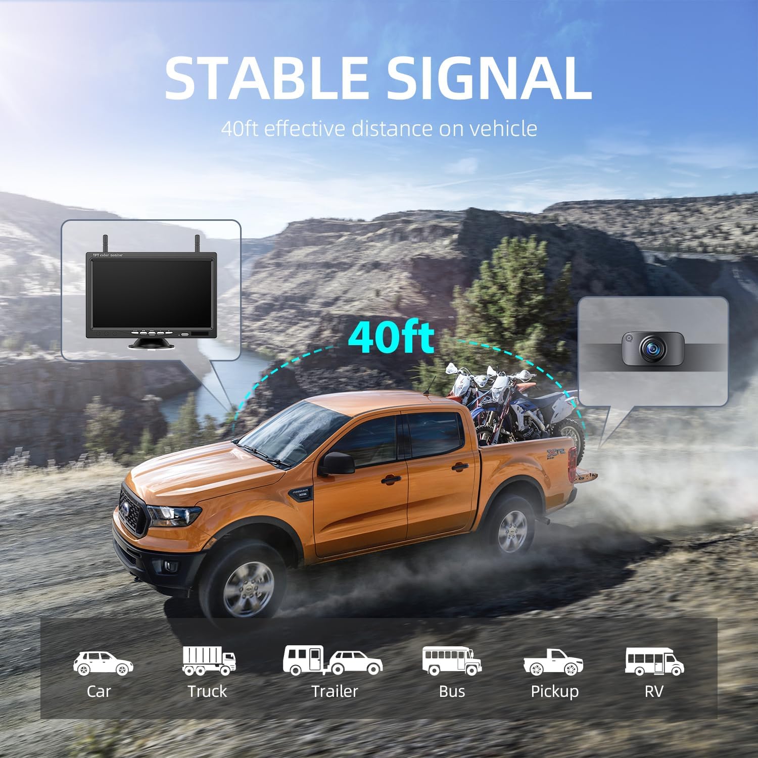 Image showing a truck with a camera and monitor, indicating a stable signal range of 40 feet for various vehicles.