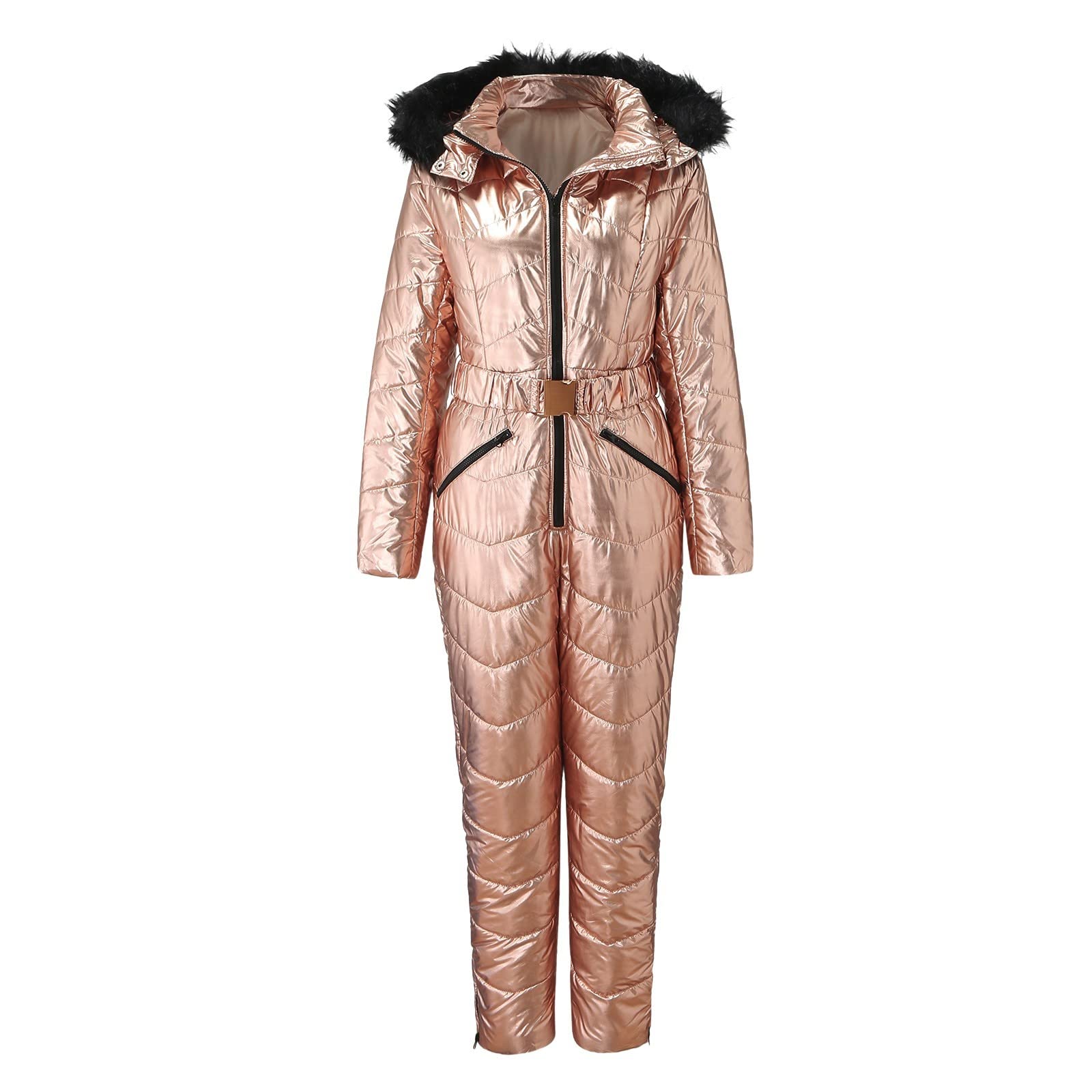 Traje de esquí metálico brillante para mujer, overol de nieve de invierno de alto brillo con capucha de piel sintética desmontable, equipo de esquí impermeable y resistente al viento, traje de esquí