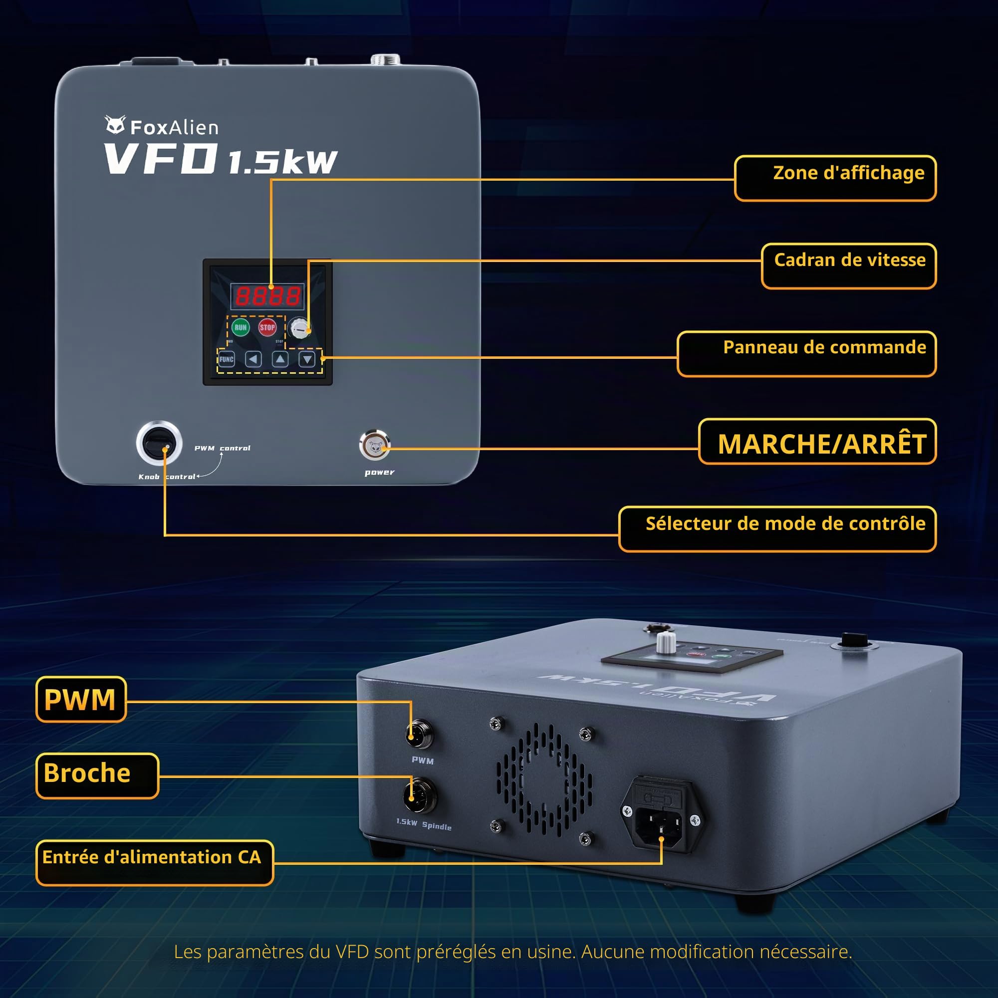 FoxAlien 1,5KW VFD Set de moteur CNC à refroidissement par air pour fraiseuses CNC, diamètre 65mm 24000 RPM pour gravure et découpe sur bois, acrylique, aluminium et cuivre