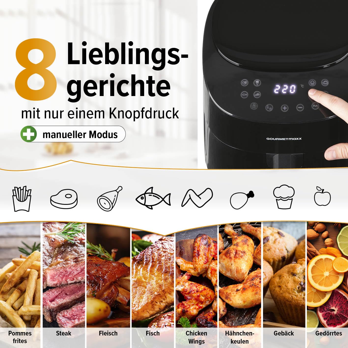 GOURMETmaxx Heißluftfritteuse | 4,5L Airfryer | Timer & Touchscreen | Fritteuse mit 9 Funktionen & 8 Programmen | energiesparend frittieren, nahezu ohne Öl | Minibackofen - 1400 W