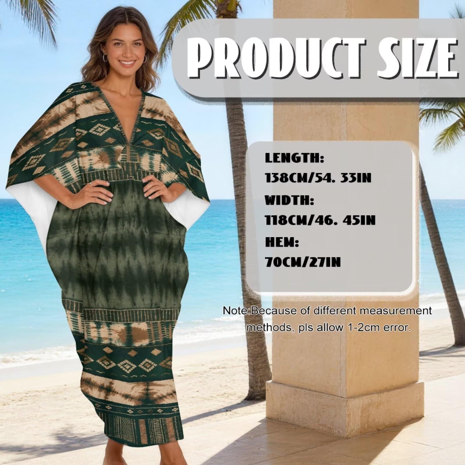 Poceacles Damska sukienka kaftanowa tie-dye wzór plus size sukienka boho z rękawami nietoperzowymi zwiewna kaftan okrycie plażowe