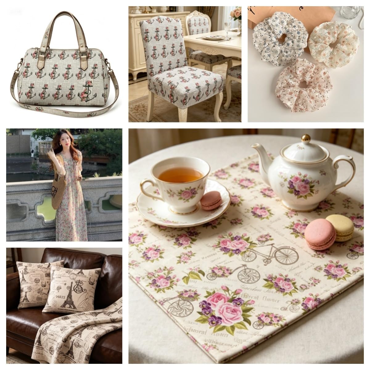Tkanina w stylu vintage, kwiatowa, z nadrukiem, na metry, z nadrukiem, dekoracyjna, styl gazety, materiał do szycia, retro, kwiaty, róże, materiał z nadrukiem kwiatowym, do samodzielnego