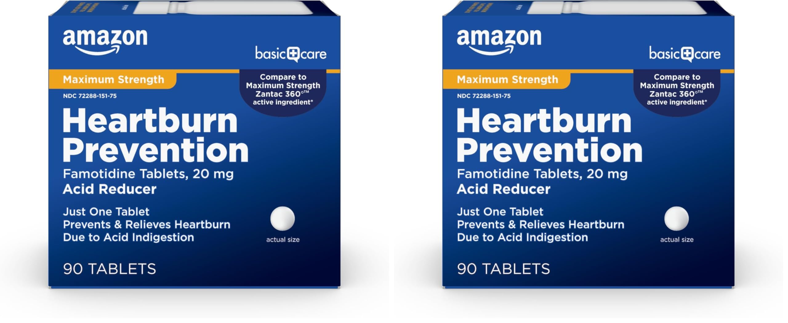 Amazon Basic Care Maximum Strength Famotidine Tablets, 90 Count, Heartburn Prevention (Pack of 2)