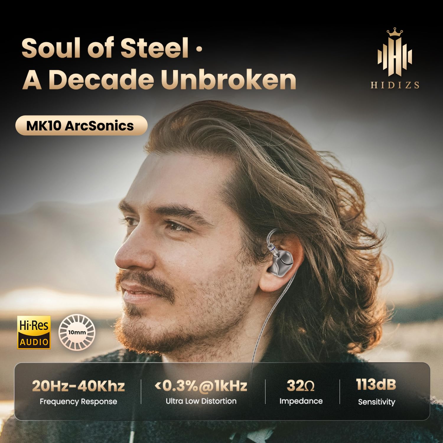 HIDIZS MK10 ArcSonics In-Ear-Monitore Kopfhörer Kabel, 10 mm Doppelmagnet-Treiber, Hochauflösende Silikon-Carbon-Rimplate, 3 Abstimmungsmodi, 6-Ton-Modus, Gehäuse aus Zinklegierung, 3,5-mm-OFC-Kabel