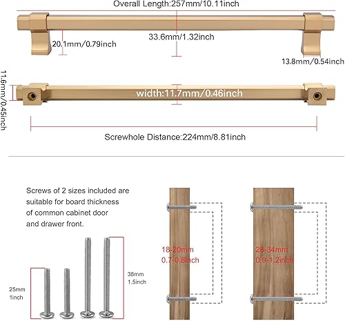 Miniatura 2 de TUNNY Paquete de 5 manijas octágonas clásicas de 8.81 pulgadas8.819 in de distancia entre tornillos de bronce champán, manijas de hardware para