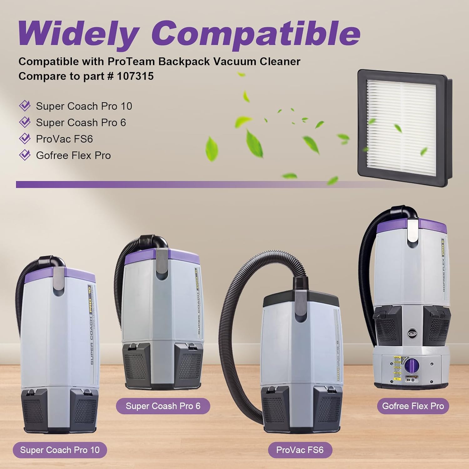 107315 HEPA Filter Replacement Compatible with ProTeam Coach Pro 10, Super Coach Pro 6 GoFree Flex Pro and ProVac FS 6 Washable Resuable Vacuum Filters, Compare to part # 107315 (8 Packs)