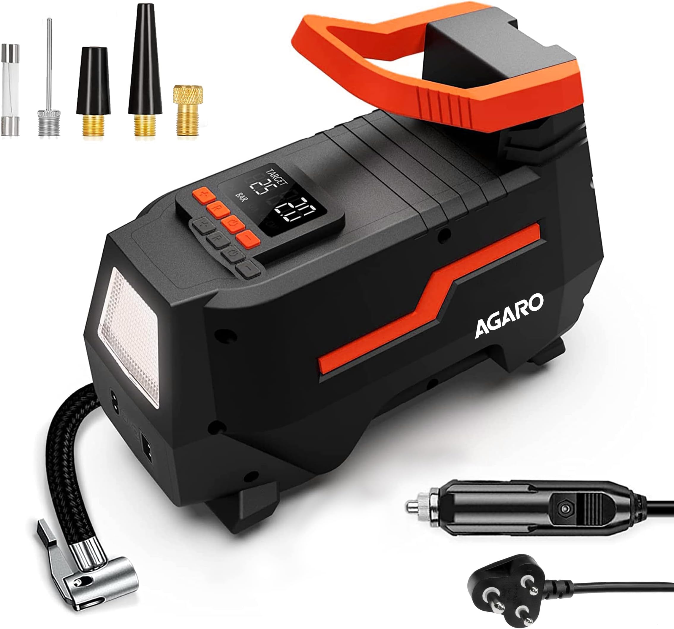 AGARO TI2157 Digital Portable Tyre Inflator/Pressure Gauge 12V DC/230V AC for Home and Car, up to 150 PSI, LED Light, Digital Display, For Bike, Bicycles and Other Inflatables (Black).