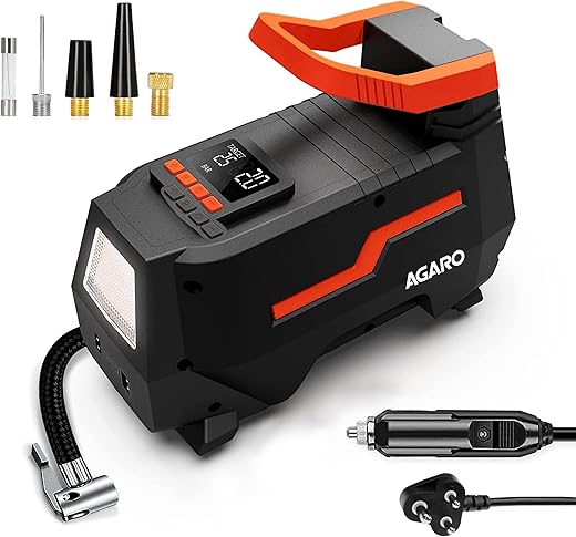 AGARO TI2157 Digital Portable Tyre Inflator/Pressure Gauge, 12V DC/230V AC for Home and Car, up to 150 PSI, LED Light, Digital Display, For Bike,...