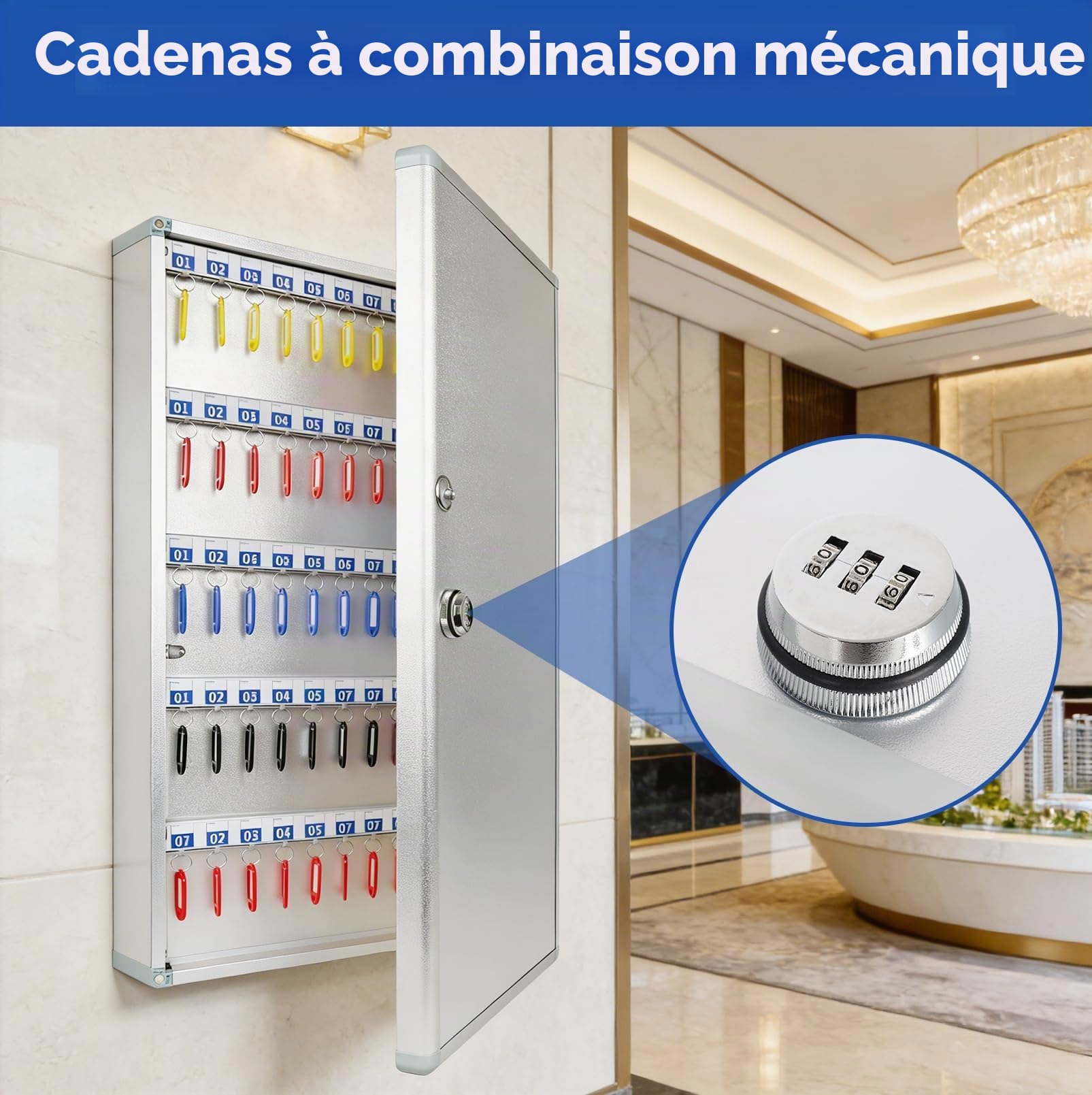JAOGAUS Boîte à Clés avec Code pour 120 Clés, Armoire à Clés Murale | en Alliage d’Aluminium, Coffret de Rangement avec 120 Porte-Clés, Grand Coffre à Clés pour Bureau, Hôtel