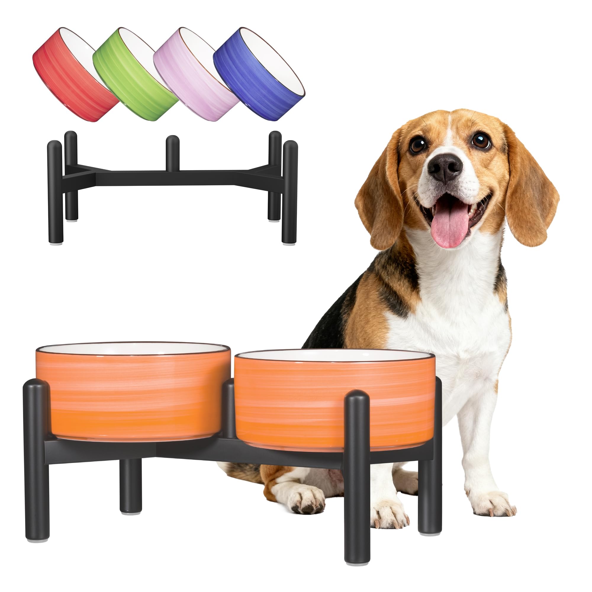 Ceramic Elevated Dog Bowl Set - Dog Feeder Station with Colorful Double Bowls for Small and Medium Size Breed - Non-Slip Raised Dish for Food and Water Feeding- 6 Inch - 3.5 Cups / 22 fl oz - Orange