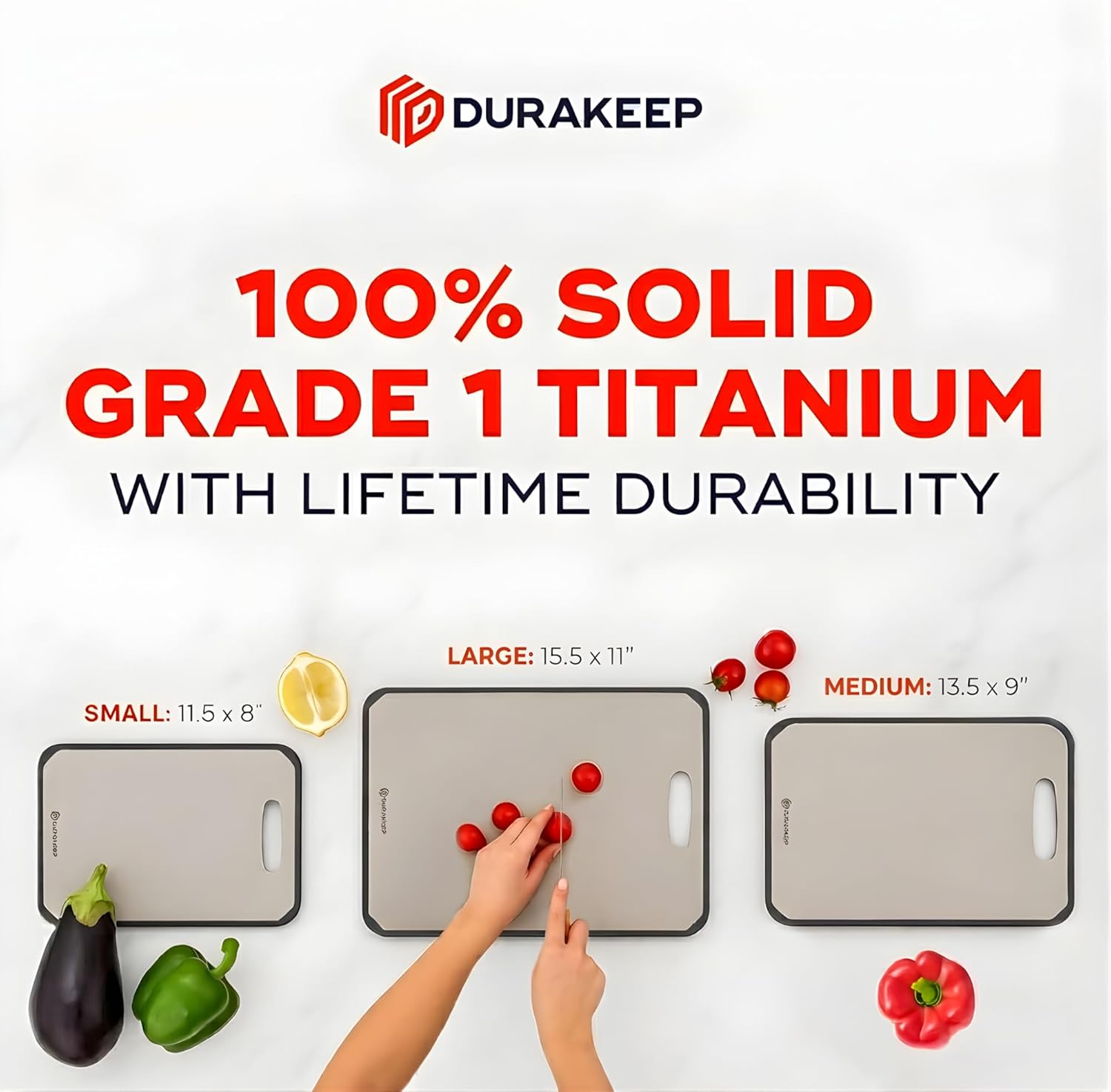 100% Solid Titanium Cutting Board for Kitchen, Chef-Approved, Pure Premium Grade 1 Titanium, Chopping Meat & Veg, Dishwasher Safe, Non-Toxic, Removable Silicone Base – Large 15.5 x 11"