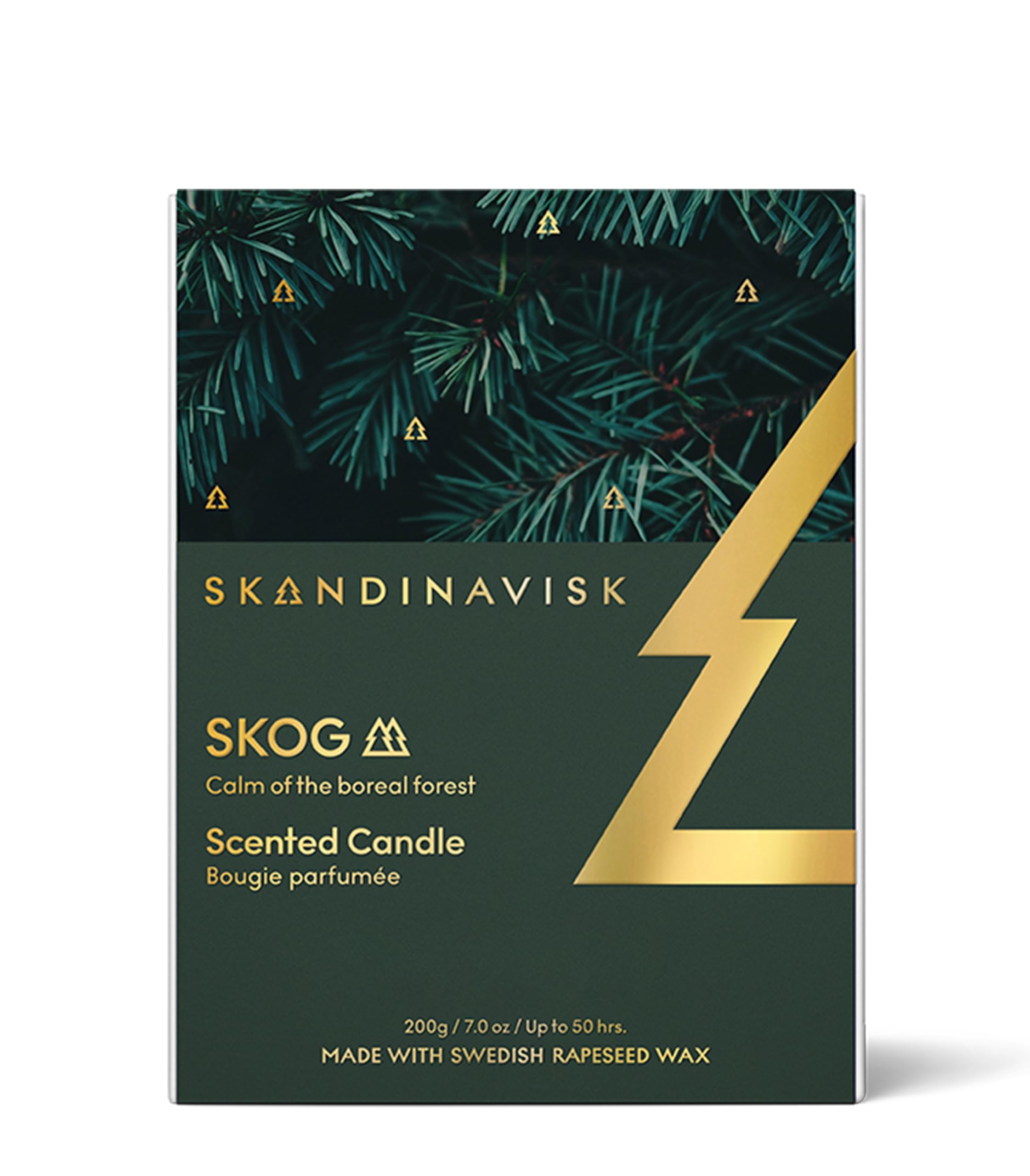 Skandinavisk SKOG Duftkerze Gold Edition. Duftnoten: Kiefernnadeln und Tannenzapfen, Birkensaft und Maiglöckchen. 200 g.