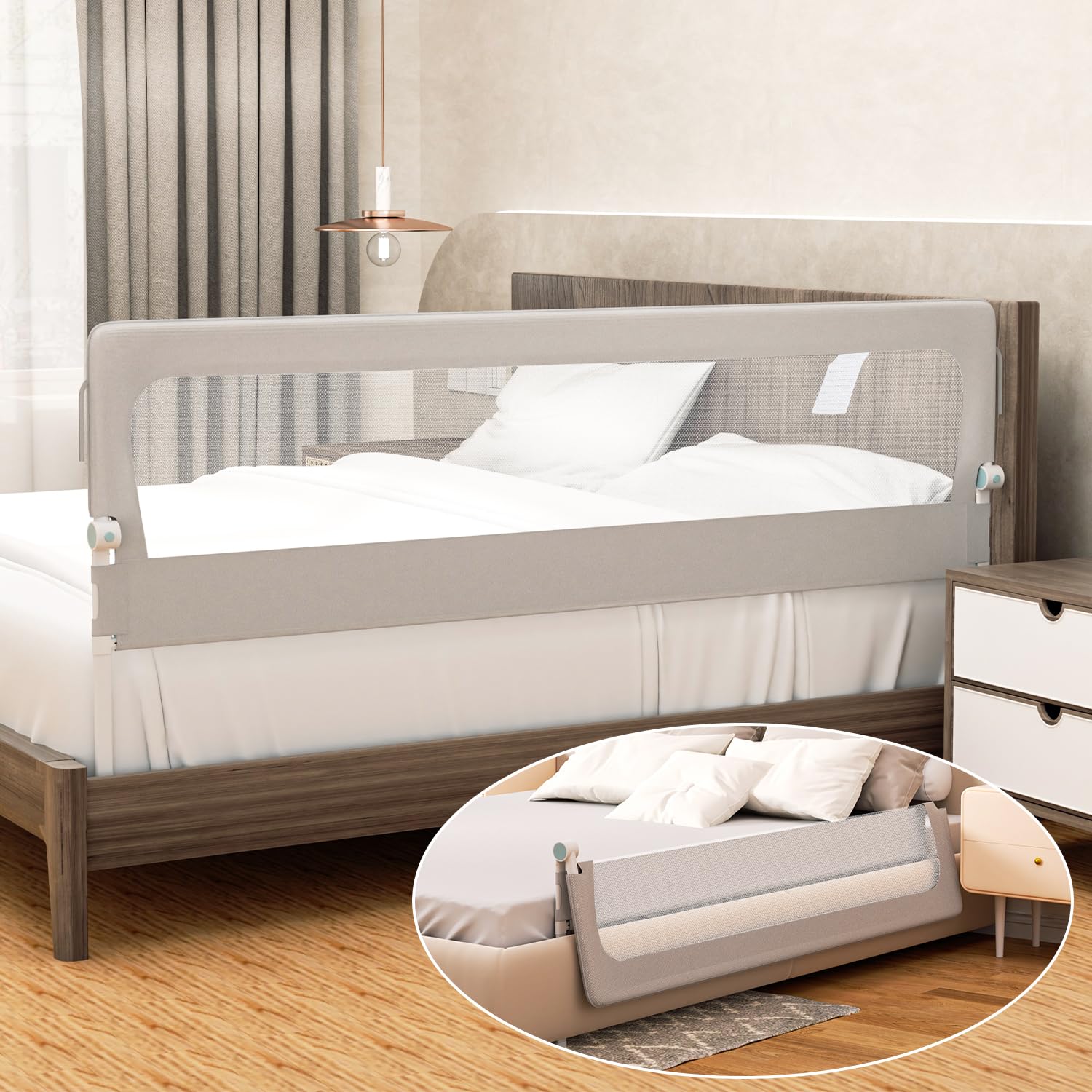 Eulenke 200 cm Bettgitter Rausfallschutz Klappbar, 72-86 cm höhenverstellbar Rausfallschutz Kinderbett, zusammenklappbar um 180 Grad, inkl. extra Gurt zur Befestigung, Grau