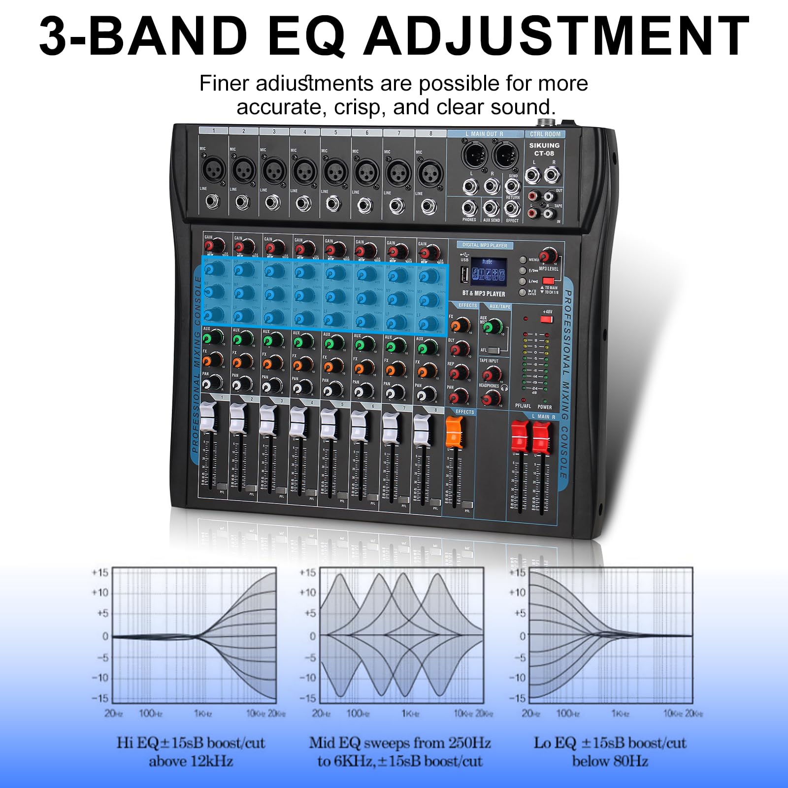 8-K-Audio-Mixer, Soundboard-Mixer, 16 DSP-Effekt-Audio-Interfacer mit USB-Laufwerk für Computeraufnahmen, 48 V Leistung, XLR-Mikrofonanschluss, DJ-Mixer für