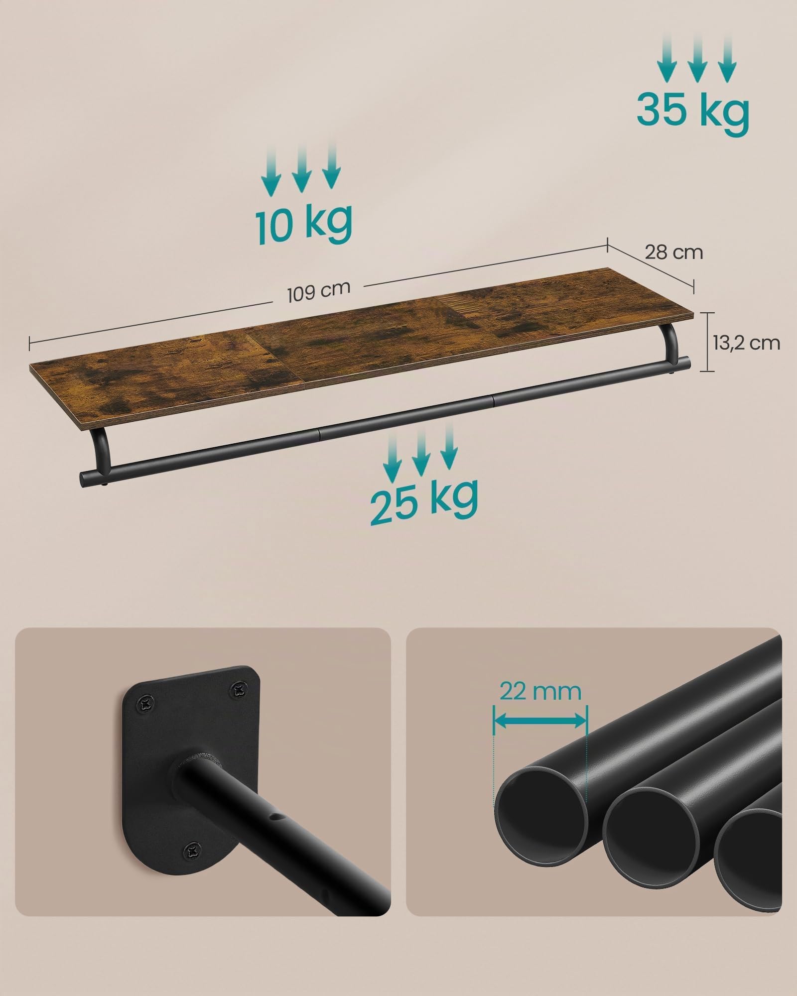 SONGMICS HSR135B01 Porte-manteau mural avec tringle de suspension, charge jusqu'à 60 kg, 28 x 109 x 13,2 cm, couloir, chambre à coucher, dressing, marron rustique et noir d'encre