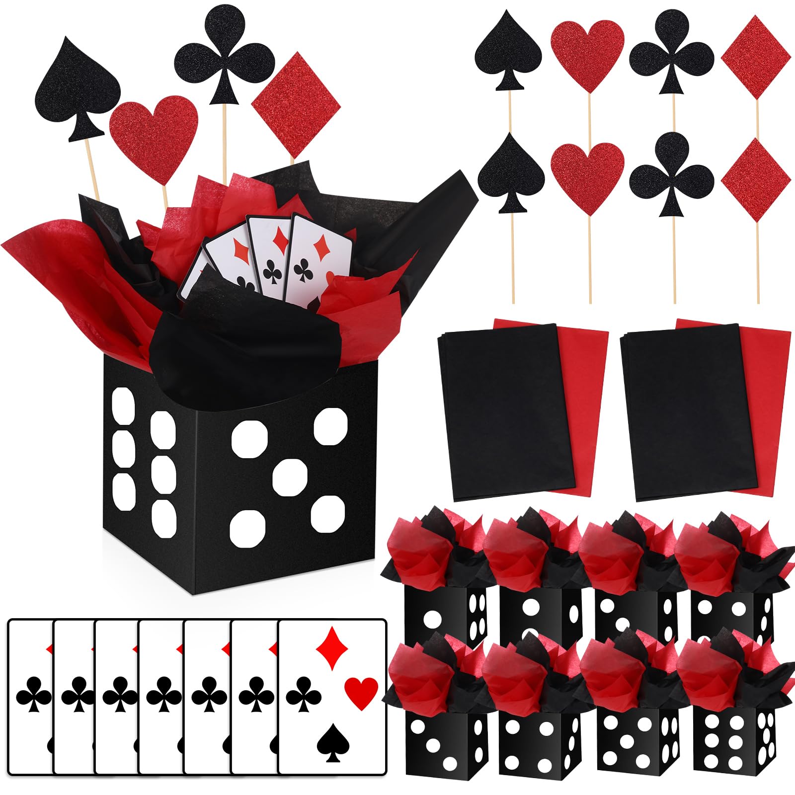 WinnerWhy 8 Sets Casino Theme Party Decorations 6. 7'' Paper Black Dice Boxes Casino Night Table Centerpiece with Poker Sticks Cutouts for Poker