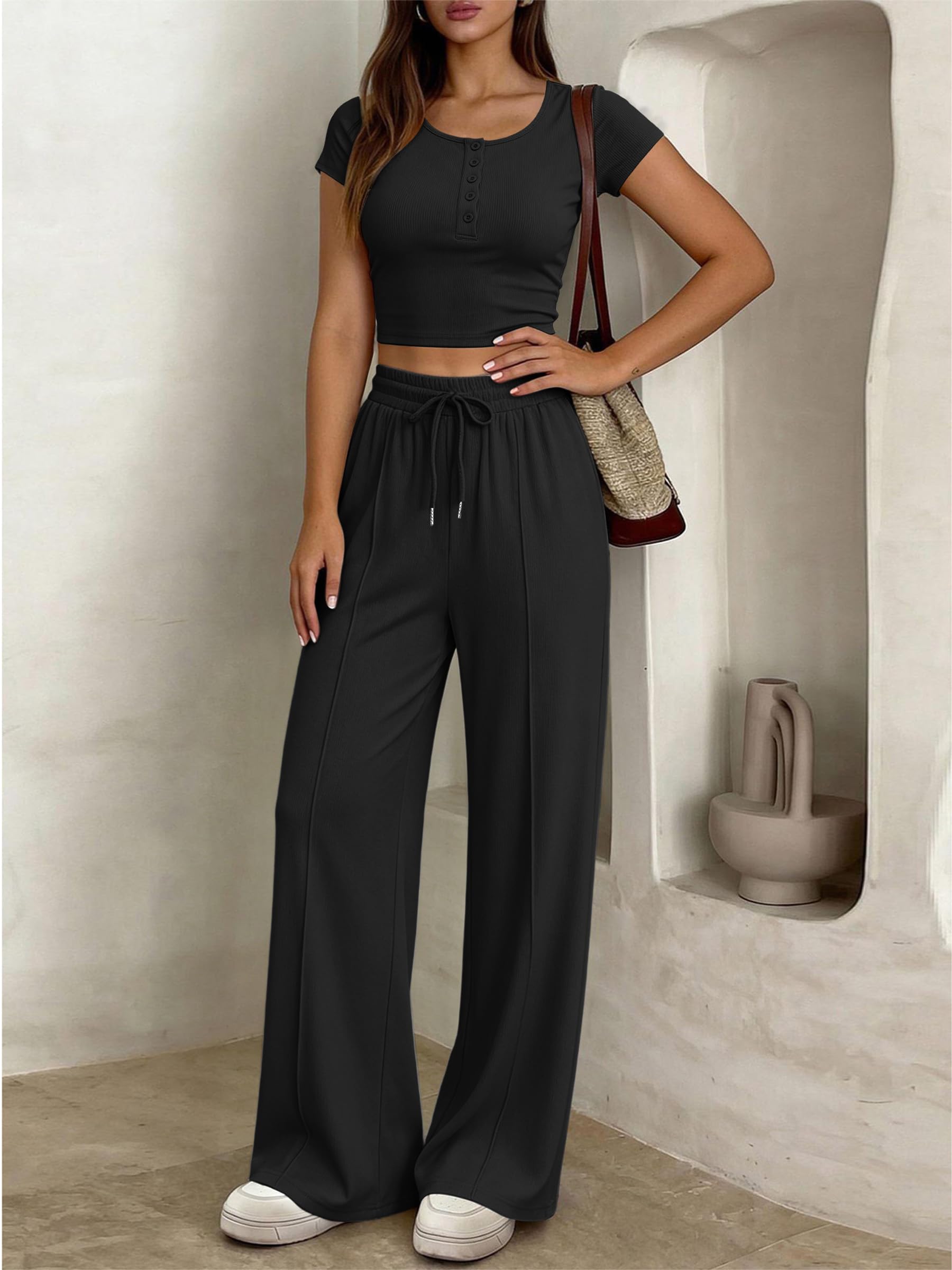 JFAN Ensemble Femme 2 Pièces Casual de Sport Slim Fit Short Sleeve Top et Cordon Pantalon avec Poches Loungewear Chic Outfit Été Automne Survêtement Suit