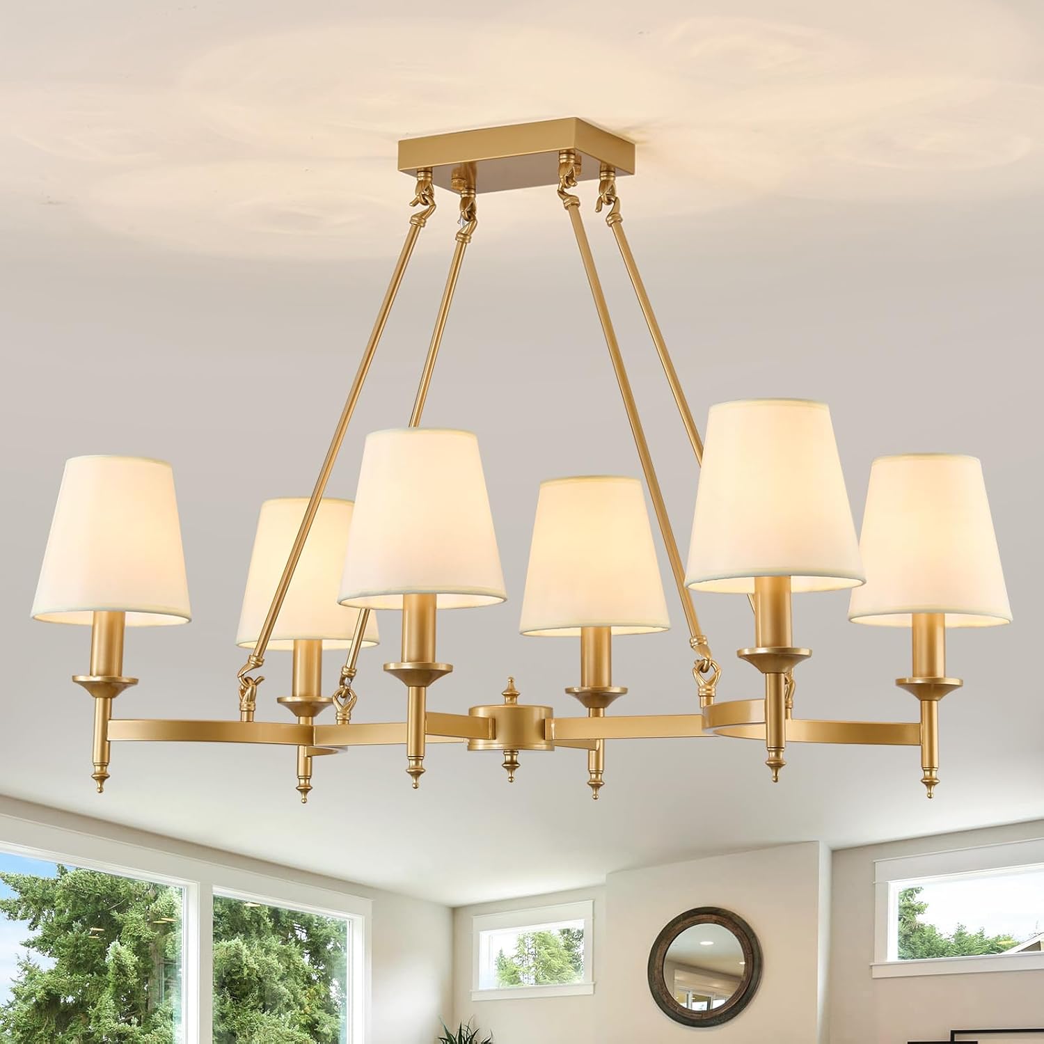 33.5" Gold Dining Room Chandelier with White Linen Fabric Shades 6-Light Rustic Industrial Ceiling Light Fixture Large Farmhouse Pendant Lights for Kitchen Island Living Room