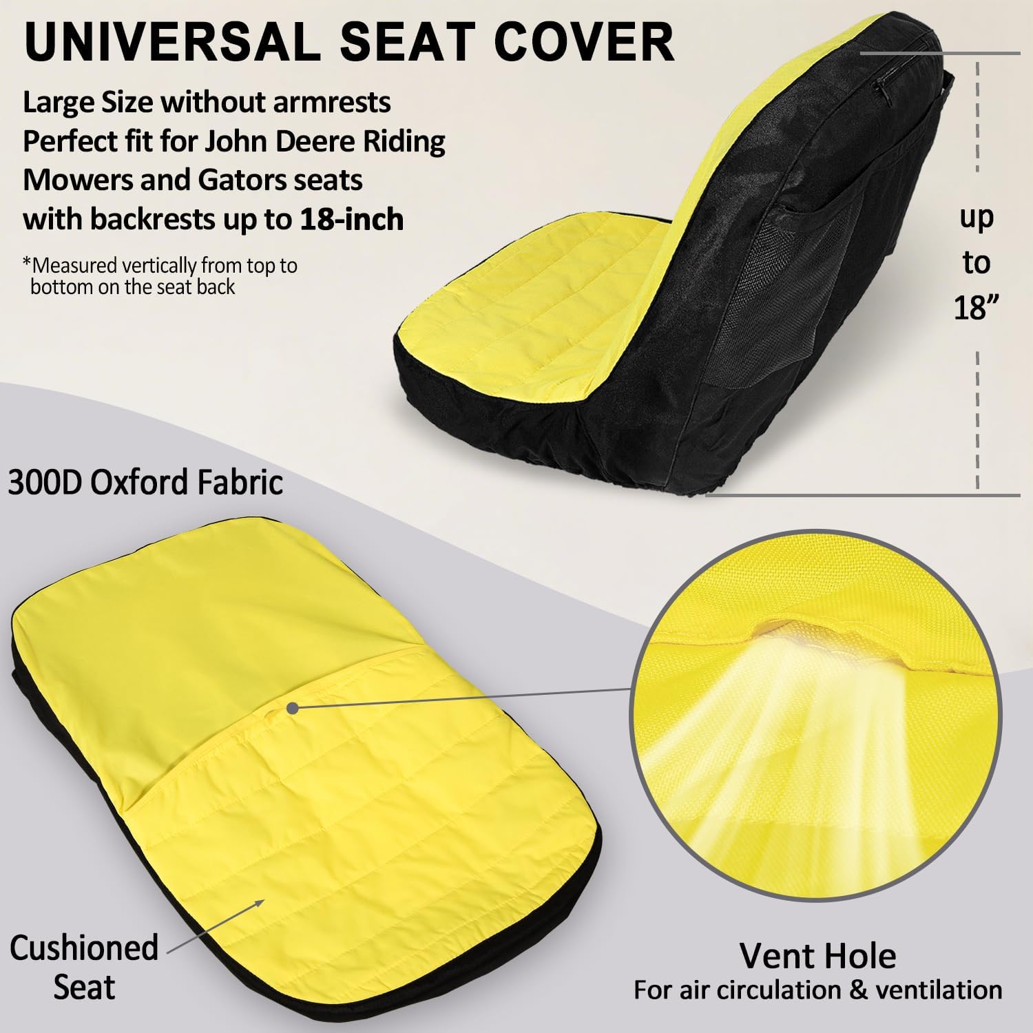 Riding Lawn Mower Cushioned Seat Cover Compatible with John Deere LP92334 for Mower Tractor & Gator Seats up to 18" High, Weatherproof Oxford 300D Fabric with Convenient Pockets