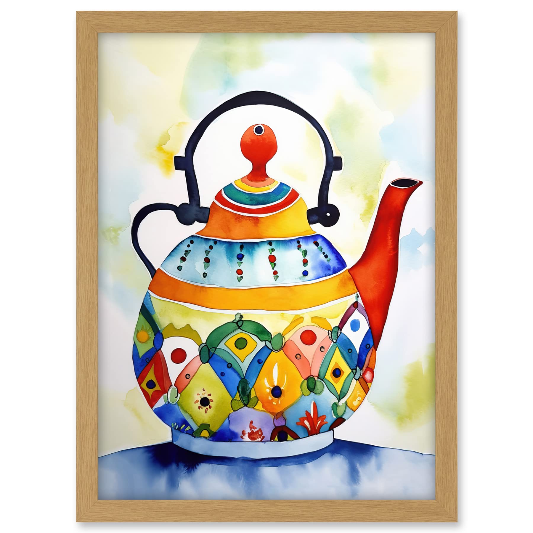 Artery8 Enamelled Patterned Teapot Tea Kettle Folk Art Watercolour Painting Artwork Framed A3 Wall Art Print
