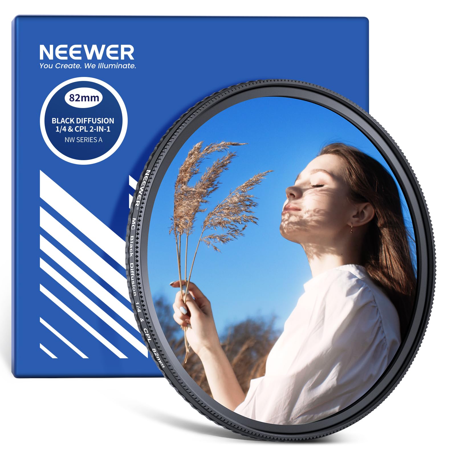 NEEWER 2 In 1 CPL + Black Diffusion 1/4 Filter for Mist Cinematic Effect, Multicoated Circular Polarizing Soft Dreamy Camera Lens Effect Filter with Slim Frame, 82mm