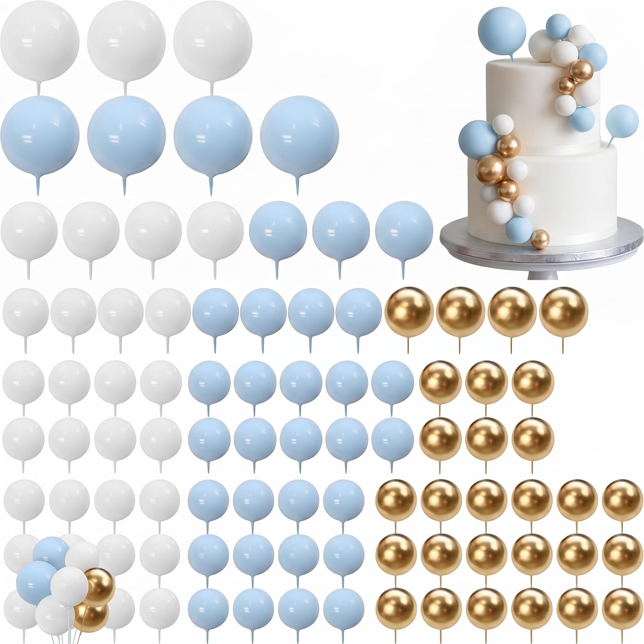 120 Pcs Ball Cake Toppers, Round Cake Topper (White Blue Gold)