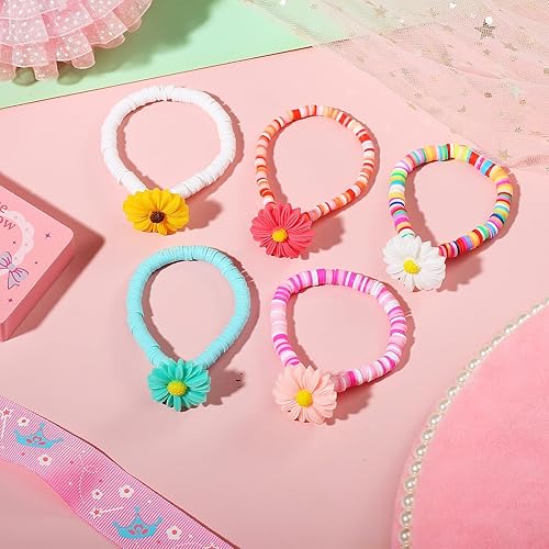 Miniatura 6 de PinkSheep Pulseras para niñas, 12 pulseras de la amistad, pulseras de flores Heishi, juego de joyas para niñas pequeñas de 3 a 12 años