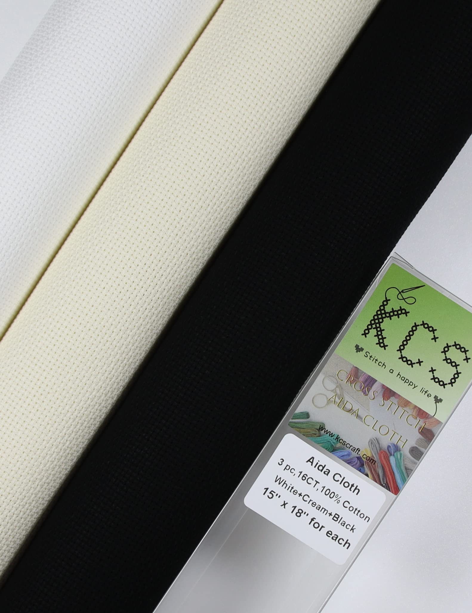 KCS 3 pc of 15" x 18" Counted Cross Stitch Cotton Aida Cloth Needlework Rolled Fabric Box,16CT,White+Cream+Black