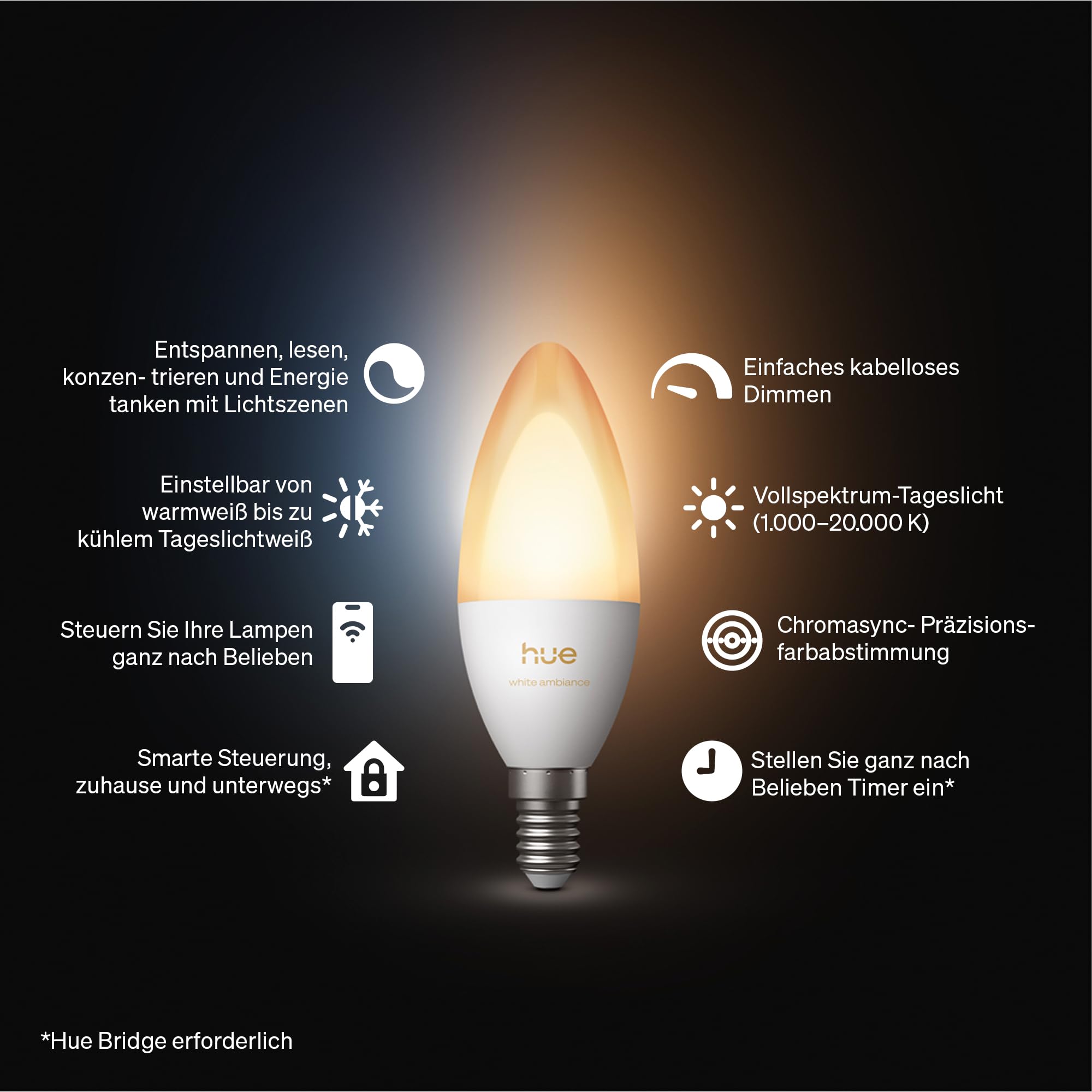 Philips Hue Smart LED-Kerzenlampe, B39, E14, 3er Pack, White Ambiance, Vollspektrumlicht 1.000 K–20.000 K, 500 lm, Extrem Niedrig Dimmbar, Alexa, Google Home, Apple Home
