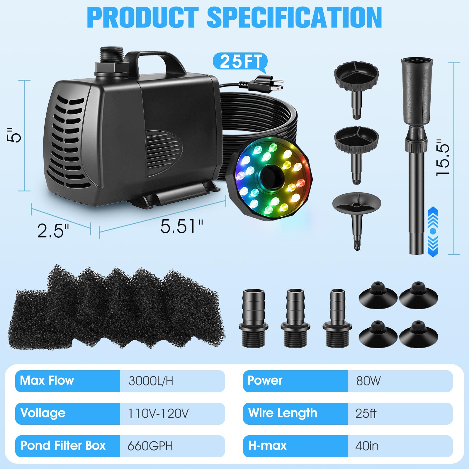 Zestawy systemów filtrów do stawu RGB, fontanna filtrująca 3 w 1 z kolorowymi światłami, skrzynka filtracyjna do stawu 660 GPH, wielowarstwowa filtracja, odpowiednia do stawu ogrodowego