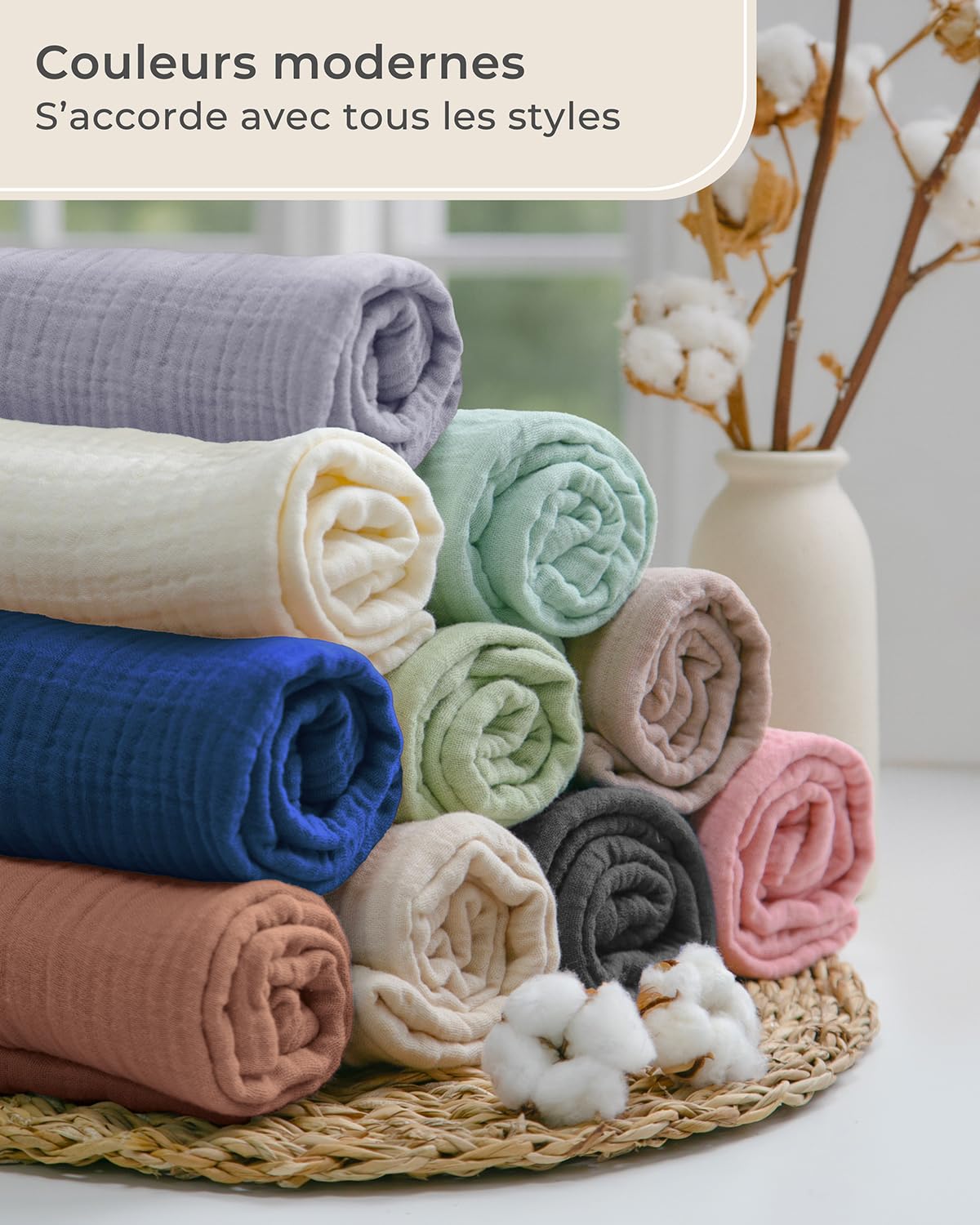 LAYNENBURG Parure de lit en mousseline 135 x 200 cm + 40 x 80 cm - Certifié Öko-Tex - 100 % coton - Respirant et infroissable - Mousseline 2 couches avec fermeture éclair et sangles de maintien (beige