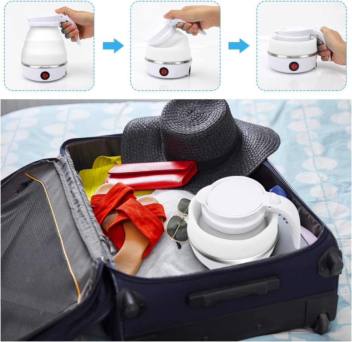 DASIAUTOEM Bollitore elettrico pieghevole da campeggio, bollitore elettrico, 0,6 l, in silicone, per cucina, viaggi, campeggio, attività all'aperto (bianco)