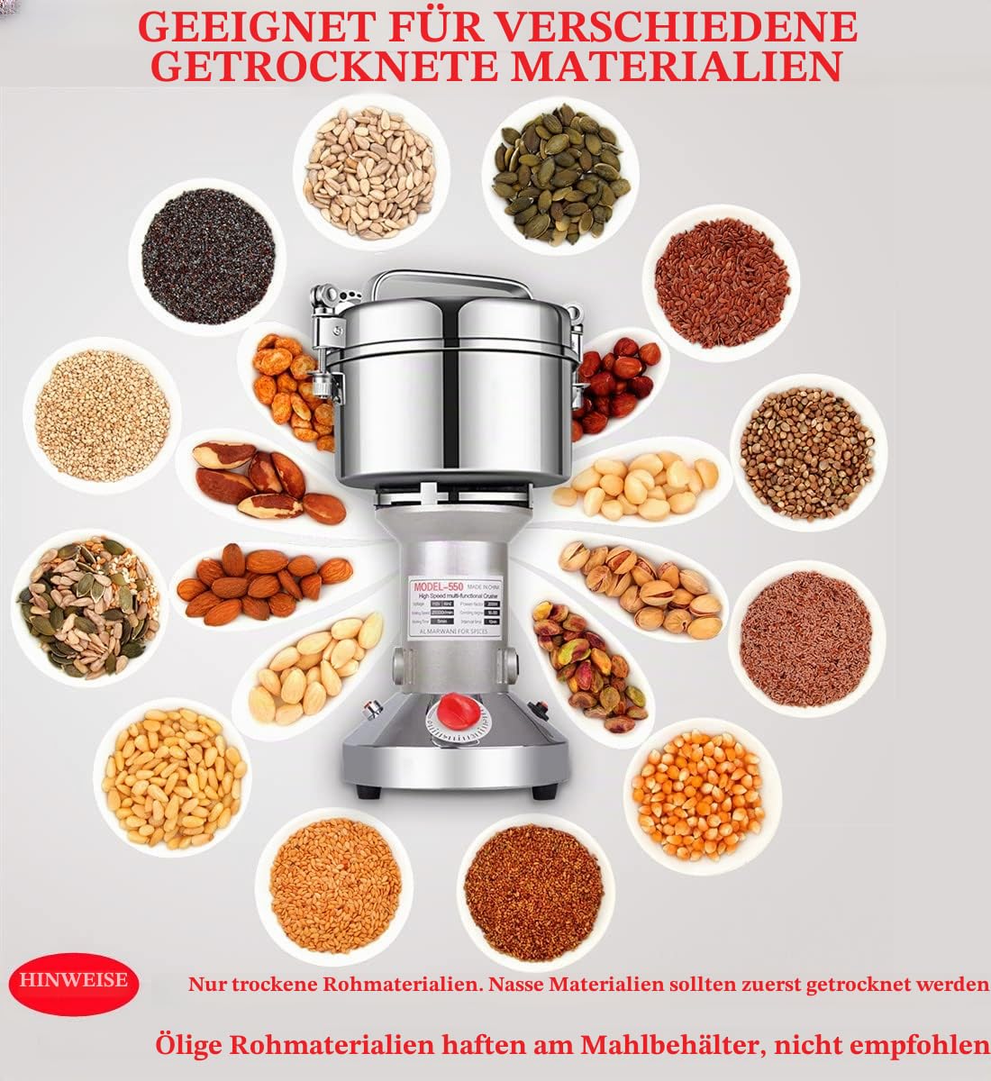 LEJIEYIN Elektrische Kräutermühle 550 g Hochgeschwindigkeits-Gewürzmühle aus Edelstahl Elektrische Mehlmühle Kräutermühle Superfeine Pulvermaschine für trockene Lebensmittel Grin