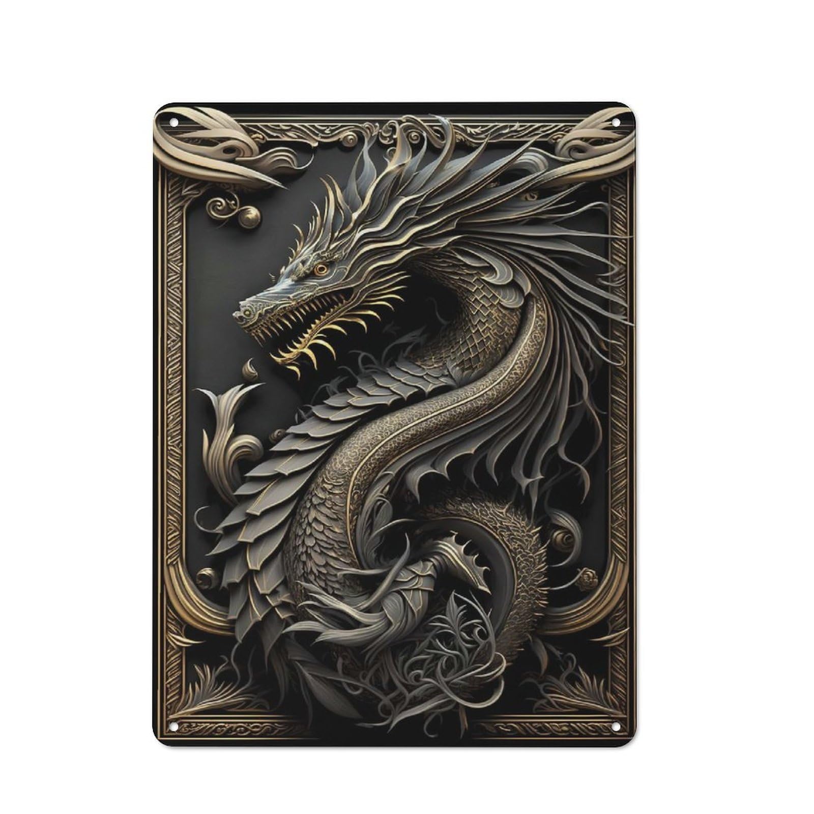 Junmoney Style-10 Legendary Golden Dragon Retro Tin Wall Plaque 40X30cm For Guest Room Or Hallway, For Vintage Wall Decor Fans, For Themed Room Decoration