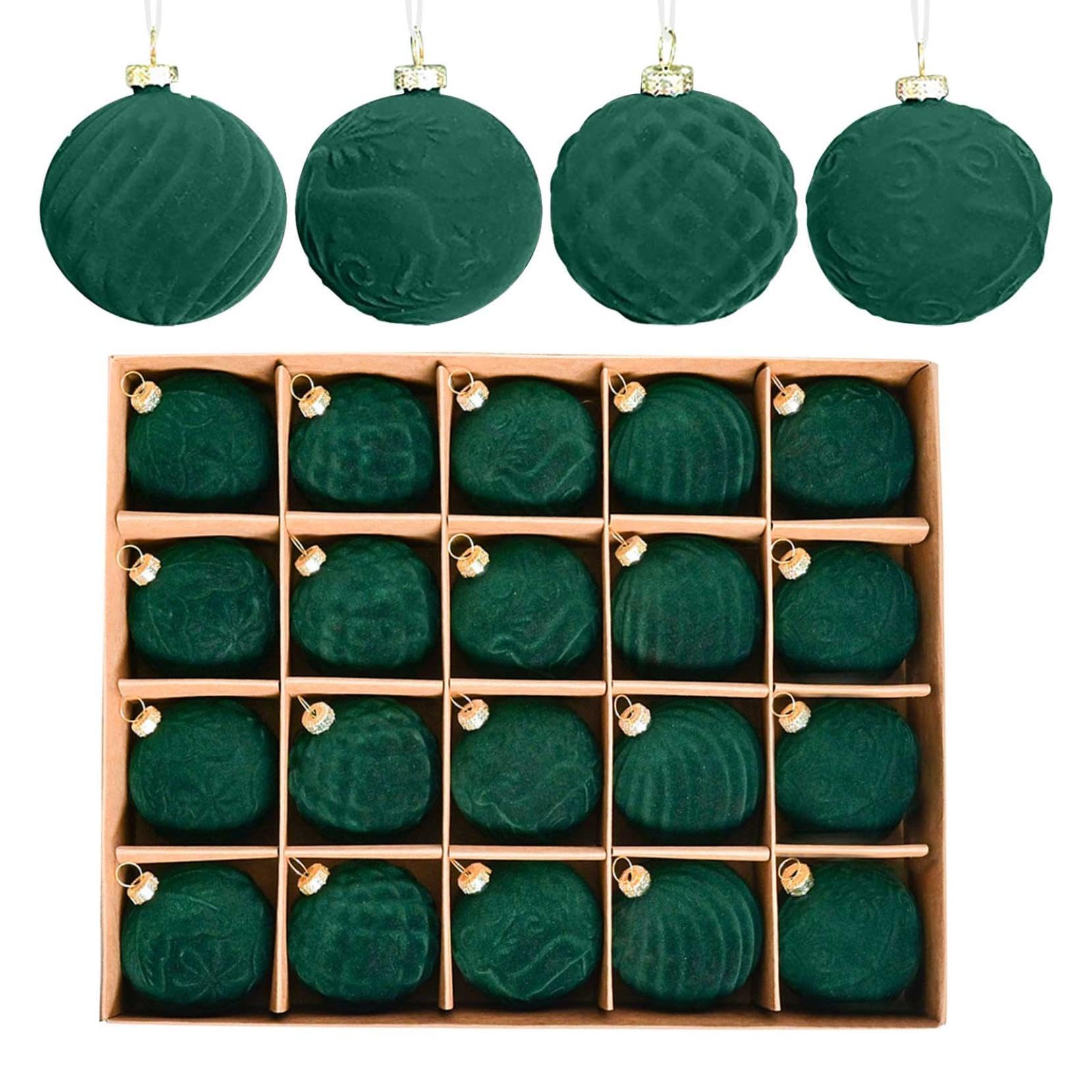 Green Christmas Decorations Baubles, 20PCS Large Christmas Decorations Velvet Baubles Tree Ornaments With Hanging Loop, for Xmas Decorations Home Holiday Party Decor(6CM)