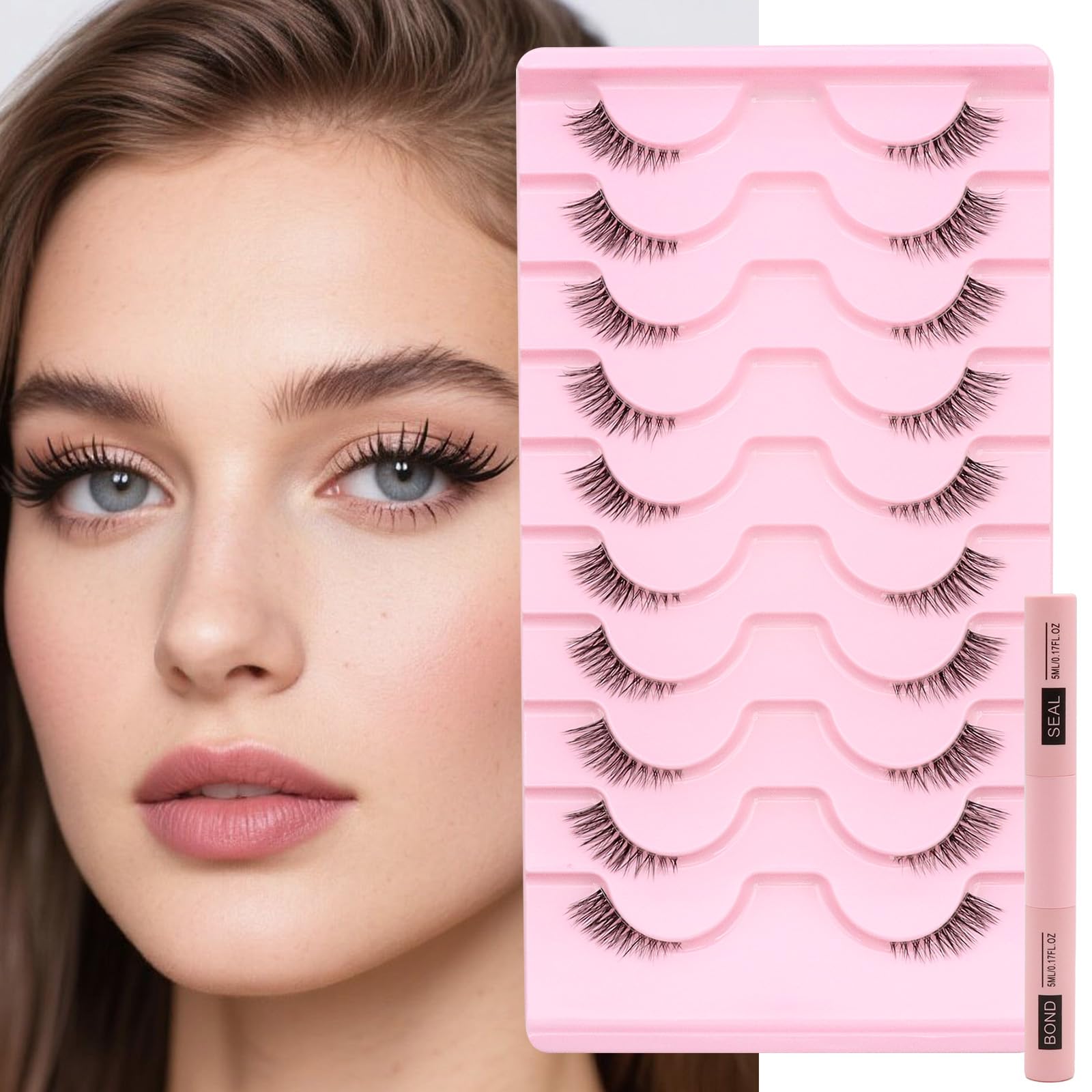 VEGCOO 10 Paia Mezze Ciglia Finte Naturali, Ciglia Occhio di Gatto Fake Half Eyelashes Riutilizzabile, 3D Cancella Banda Trasparente Corner Lashes (HN-Stelo trasparente)