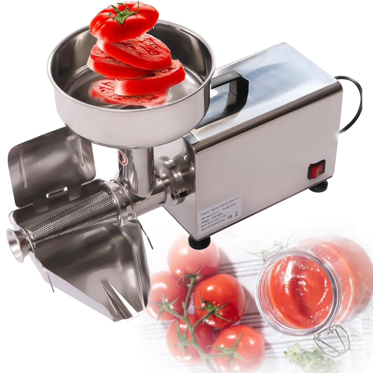 Colino elettrico per pomodori da 450 W, in acciaio inox 304, con grande imbuto, motore in rame puro, filtro alimentare e macchina per salsa di pomodoro, 50-60 kg/h