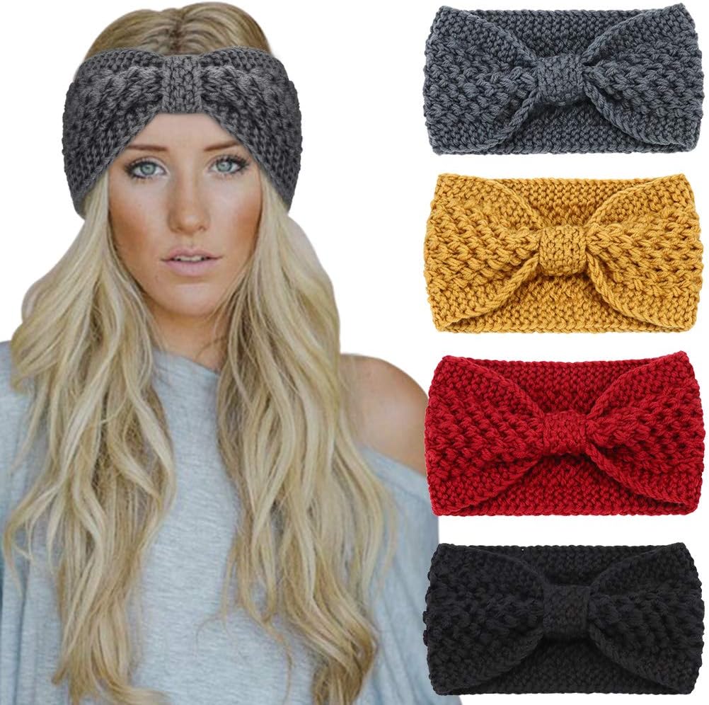 DRESHOW Winter Knit Chunky Headbands for Women Crochet Turban Knitted Ear Warmer Head Wrap Winter Accessories 4 Pack